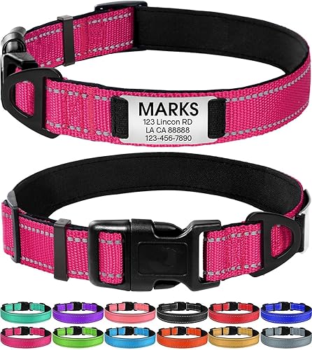 Joytale Collares para perros personalizados, collar de nailon reflectante con placa de nombre grabada, personalizado para perros grandes, rosa