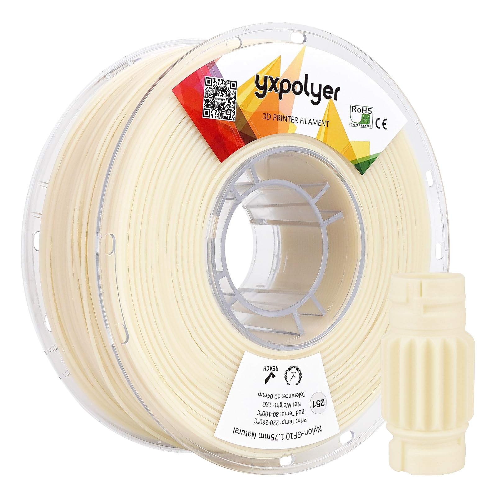 Nylon Glass Filled Filament Nylon Glass Fiber 3D Printer Filament PA6-GF Dyable Nautre White, with AMS-Compatible Reusable PC Spool