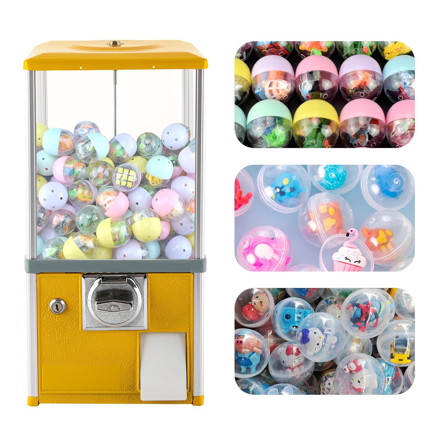 Vending Machine 20" Commercial Gumball Machine 1.77-1.97in Capsule Vending Candy Gumball Machine Large Load Capacity Gumball Bank Vending Machines w/Key for Kids Party Favor Prize (Yellow)