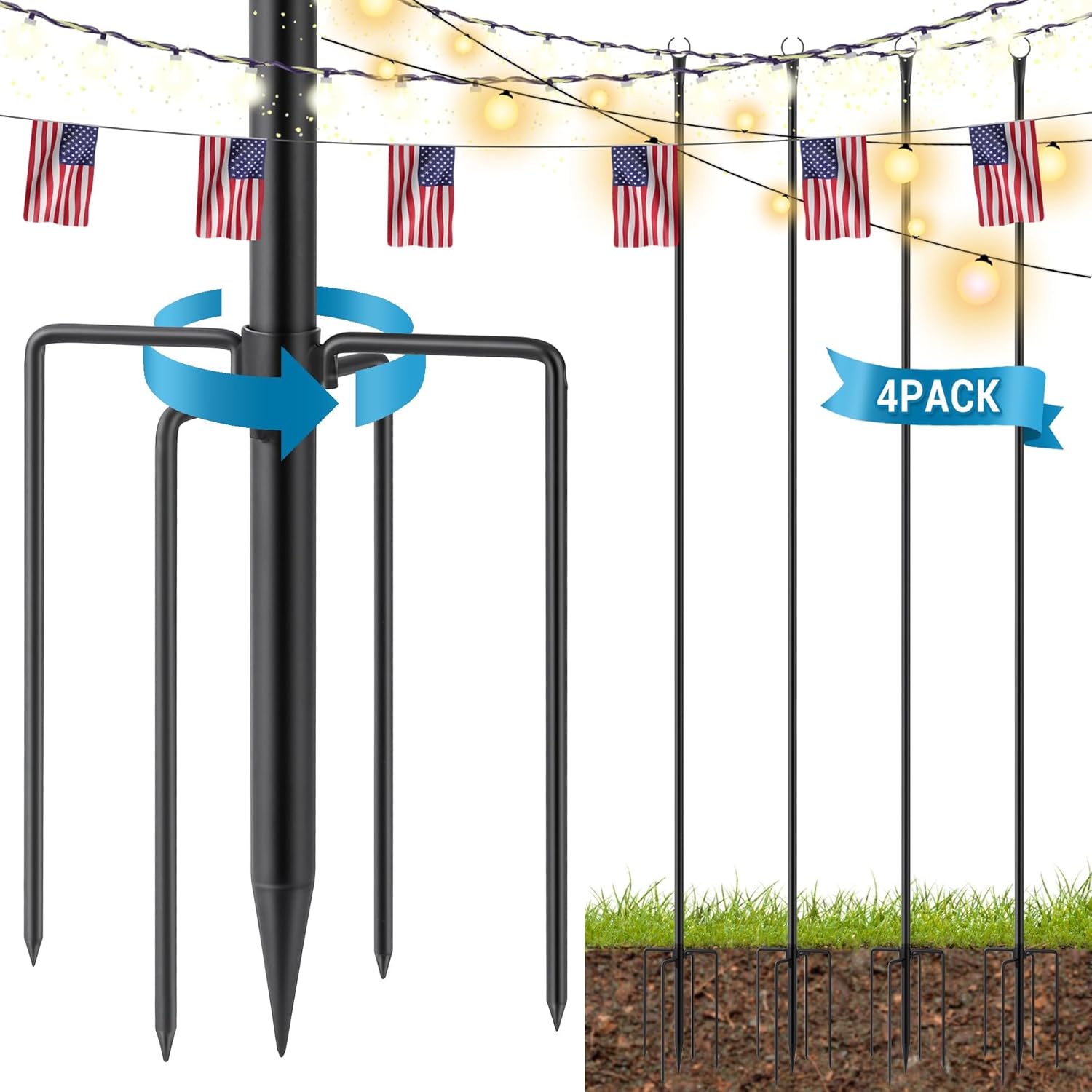 4 Pack 10FT Outdoor String Light Poles, Heavy Duty Metal Poles with 5-Prong Ground Base for Hanging String Lights, Tall Yard Garden Light Poles for Patio, Backyard, Wedding, Party Decor