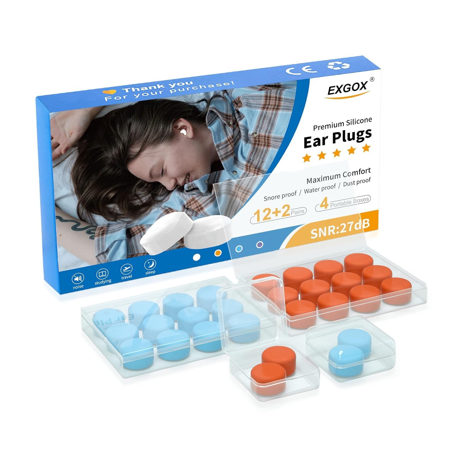 Silicone Ear Plugs for Sleeping Noise Cancelling Reusable Moldable Wax Earplugs for Swimming, Work, Airplane, SNR27dB 14 Pairs (Blue And Orange)-image-0