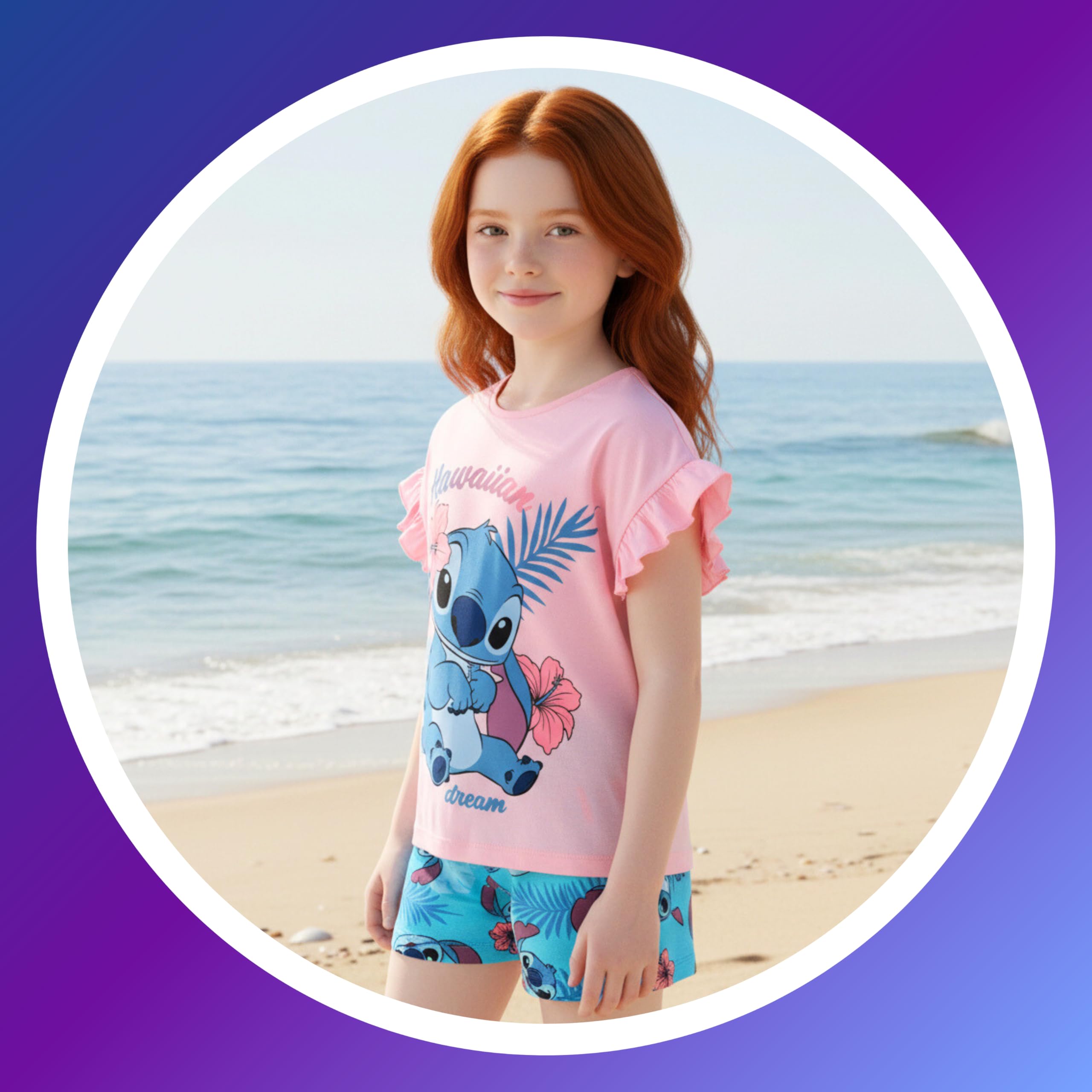 Disney Stitch Pyjama pour Fille, 'Hawaiian Dream' T-Shirt à Manches Courtes et Short en Coton, Tailles 3 à 8 Ans