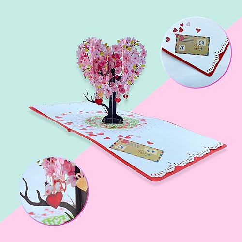 Miniatura 3 de CUTE POPUP - Tarjeta desplegable con diseño de pájaros y corazones de cerezo, tarjetas desplegables de San Valentín, tarjetas desplegables de feliz