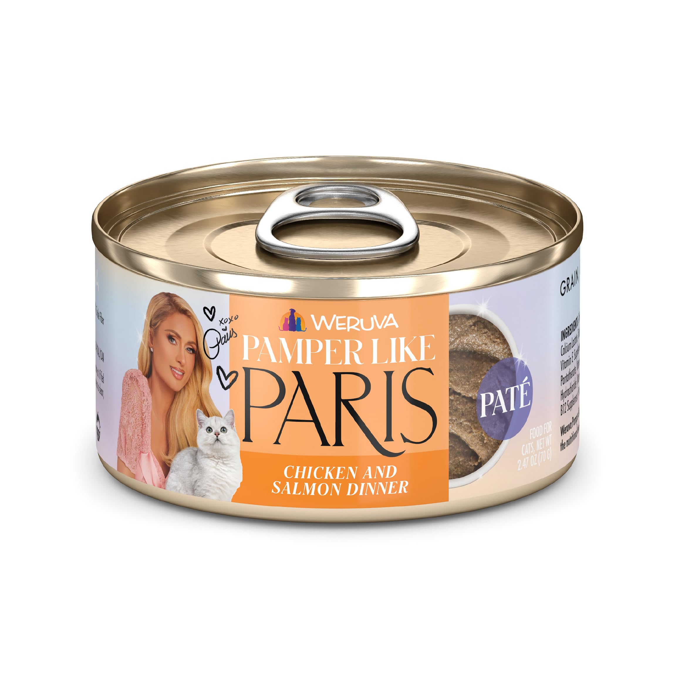 Weruva Paris Hilton Pamper Like Paris Natural Grain Free Wet Cat Food, Chicken and Salmon Paté, 2.47oz Can (Pack of 12)