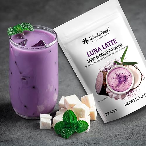 LUNA LATTE TEA TARO & COCO / TE HE DE AMAR. Peso neto: 5.3 oz (150g) 38 tazas. Taro, Coco, Batata Morada, Canela, Vainilla. 100% natural, puro, en