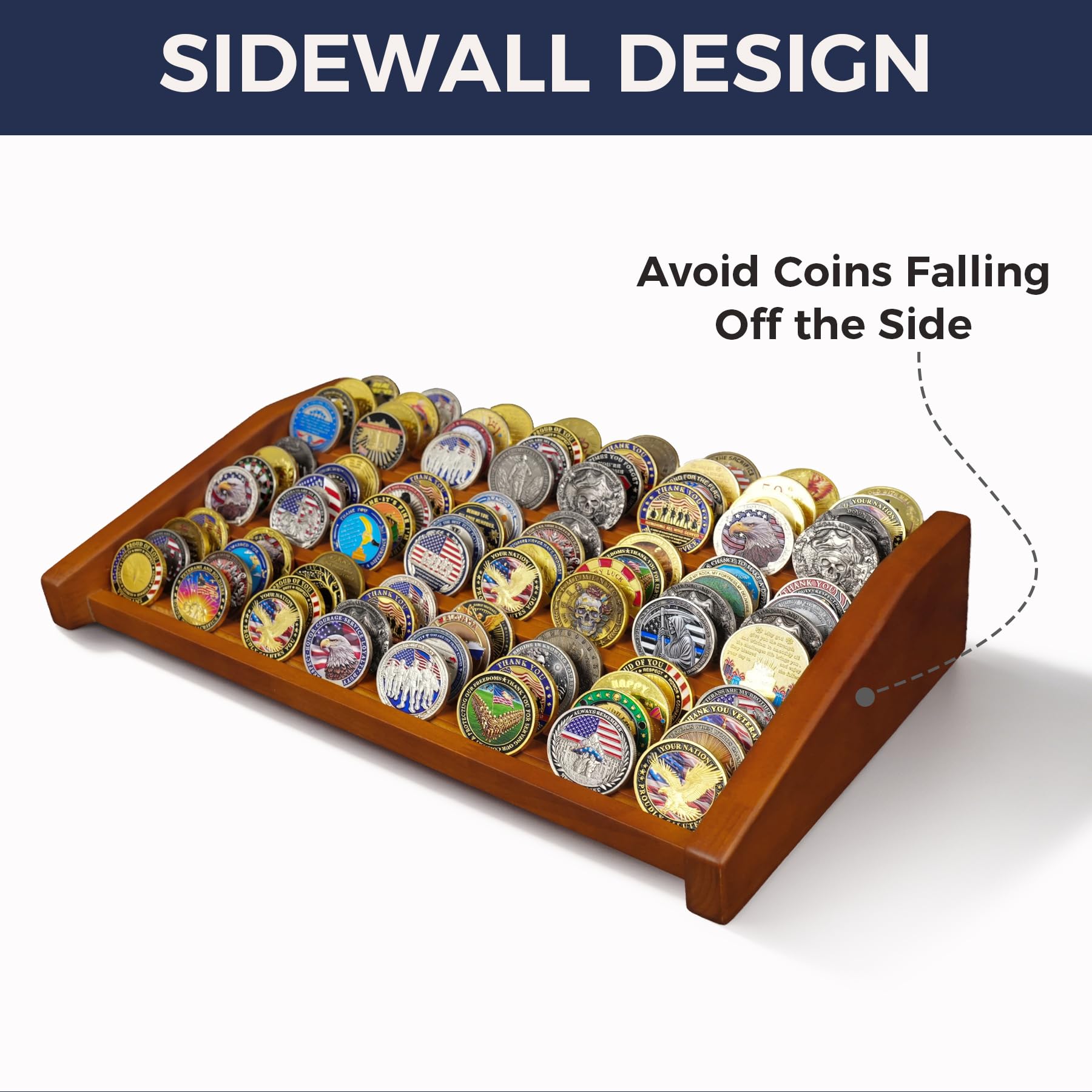 Military Challenge - Soporte para monedas (12 filas de madera, capacidad para 100 monedas, escalera de 3 niveles, soporte para monedas, soporte para coleccionistas (acabado nogal)