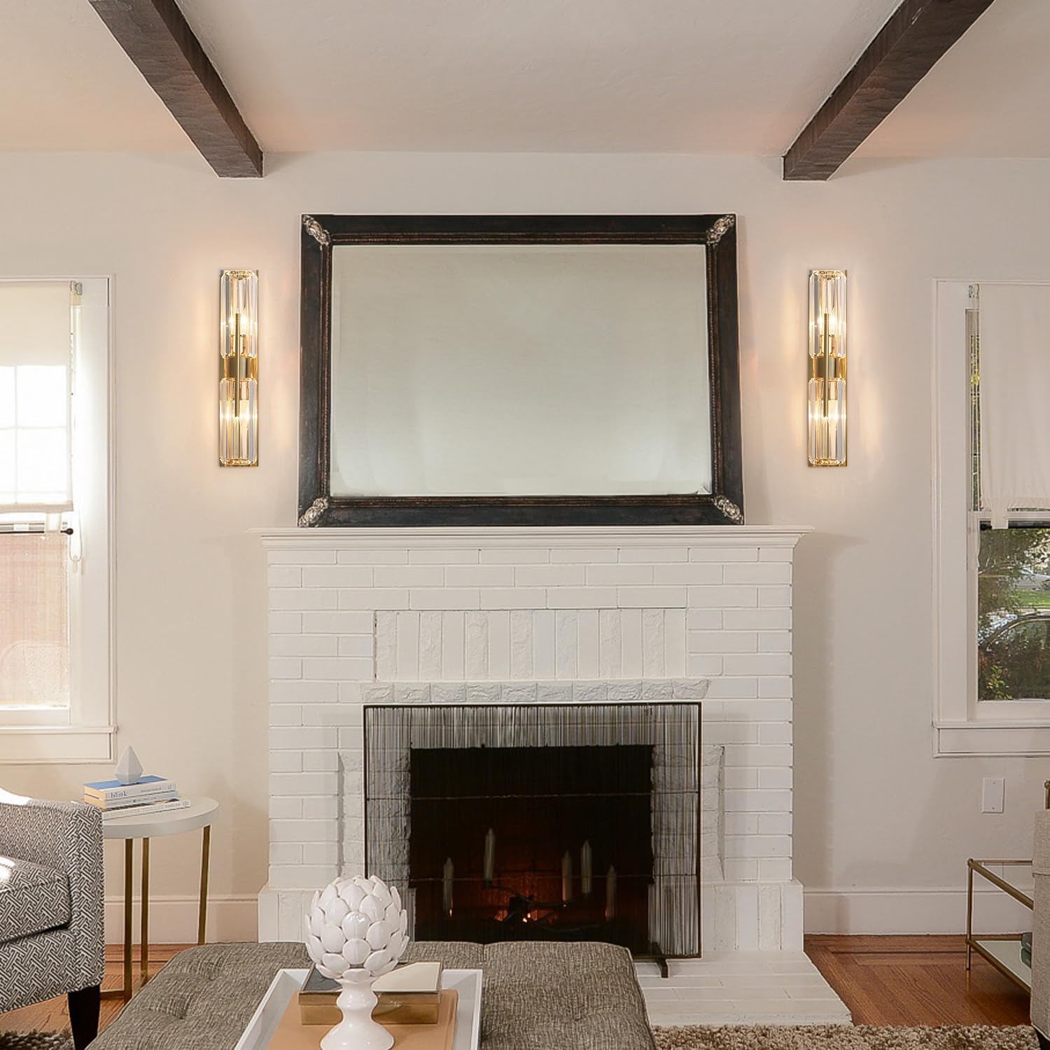 Modern Luxury Crystal Wall Sconce 2-Light Gold Mid Century Brass Wall Lighting Elegant Bedside Wall Lamp for Bedroom Hallway Bathroom