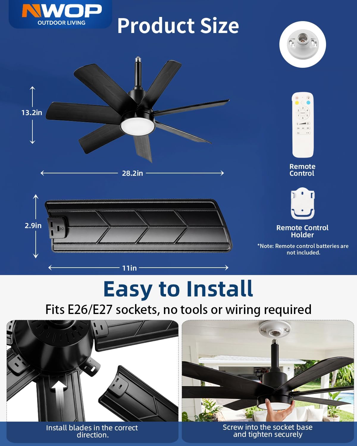 NWOP 28 Inch Socket Fan Light with Remote Control, Screw in E26/E27 Ceiling Fan with LED Light, 3000-6000K Adjustable Color Temp, 6 Speeds, Timer, for Bedroom Kitchen Living Room Garage, Black