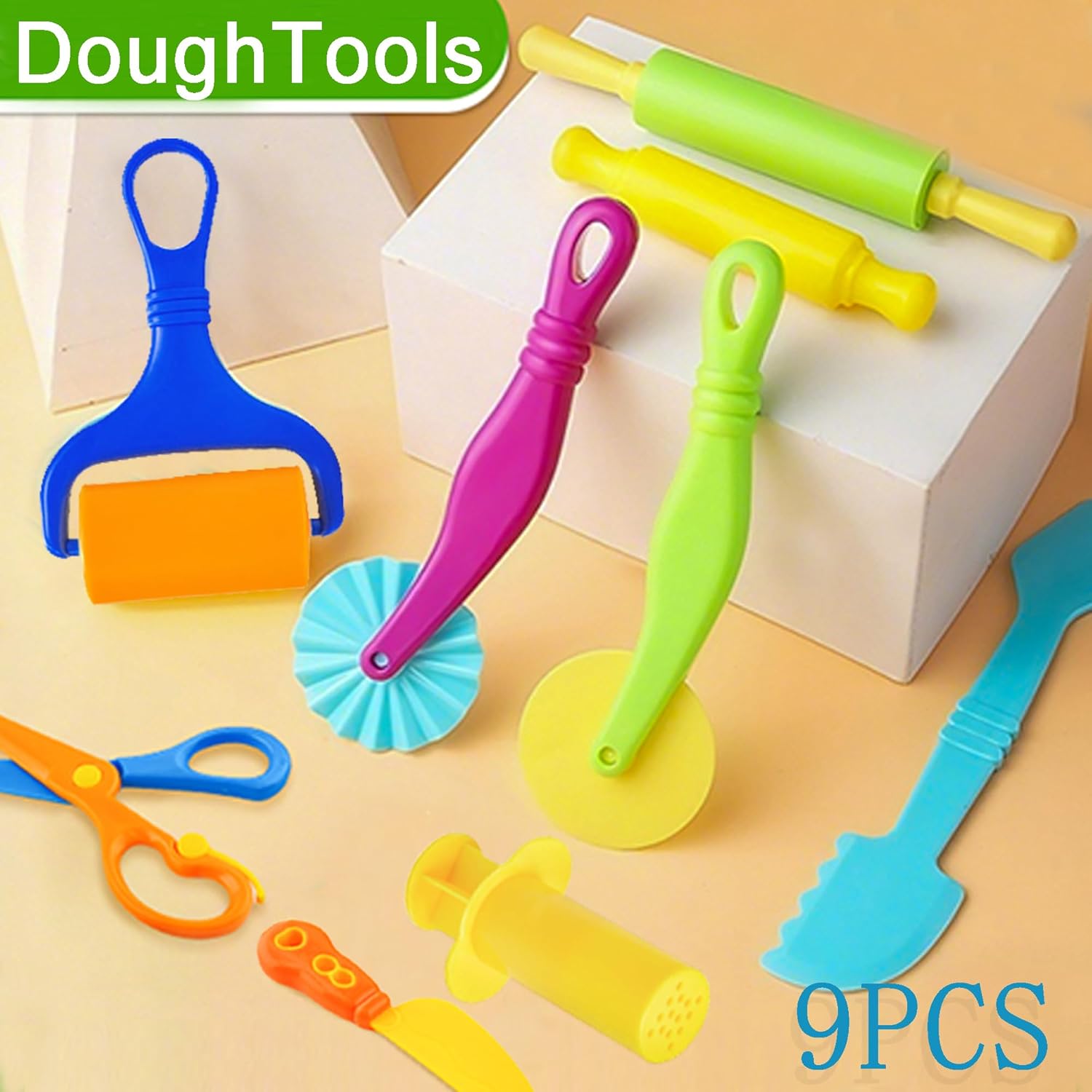 Dough Tool Set for Kid, 9 Pcs Dough Tools Accessories for Kids Ages 2-4-8, Includes Cutters Roller, Rolling Pins, Scissors, Plastic Knife