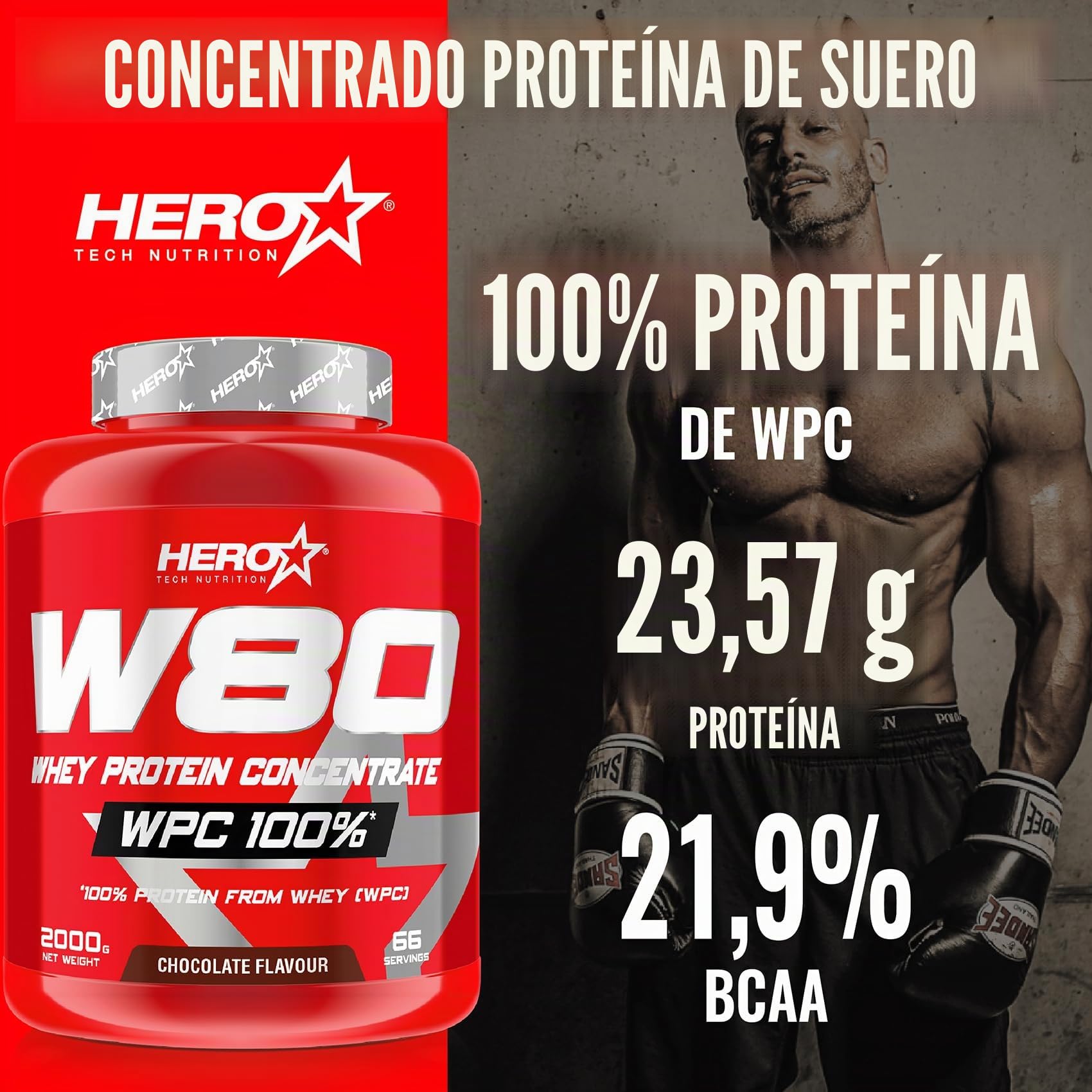 HERO TECH | W80 WHEY PROTEIN | Concentrado Proteína de Suero | Mejores entrenamientos | Aumenta la Recuperación y Crecimiento Muscular (2 kg, Chocolate)