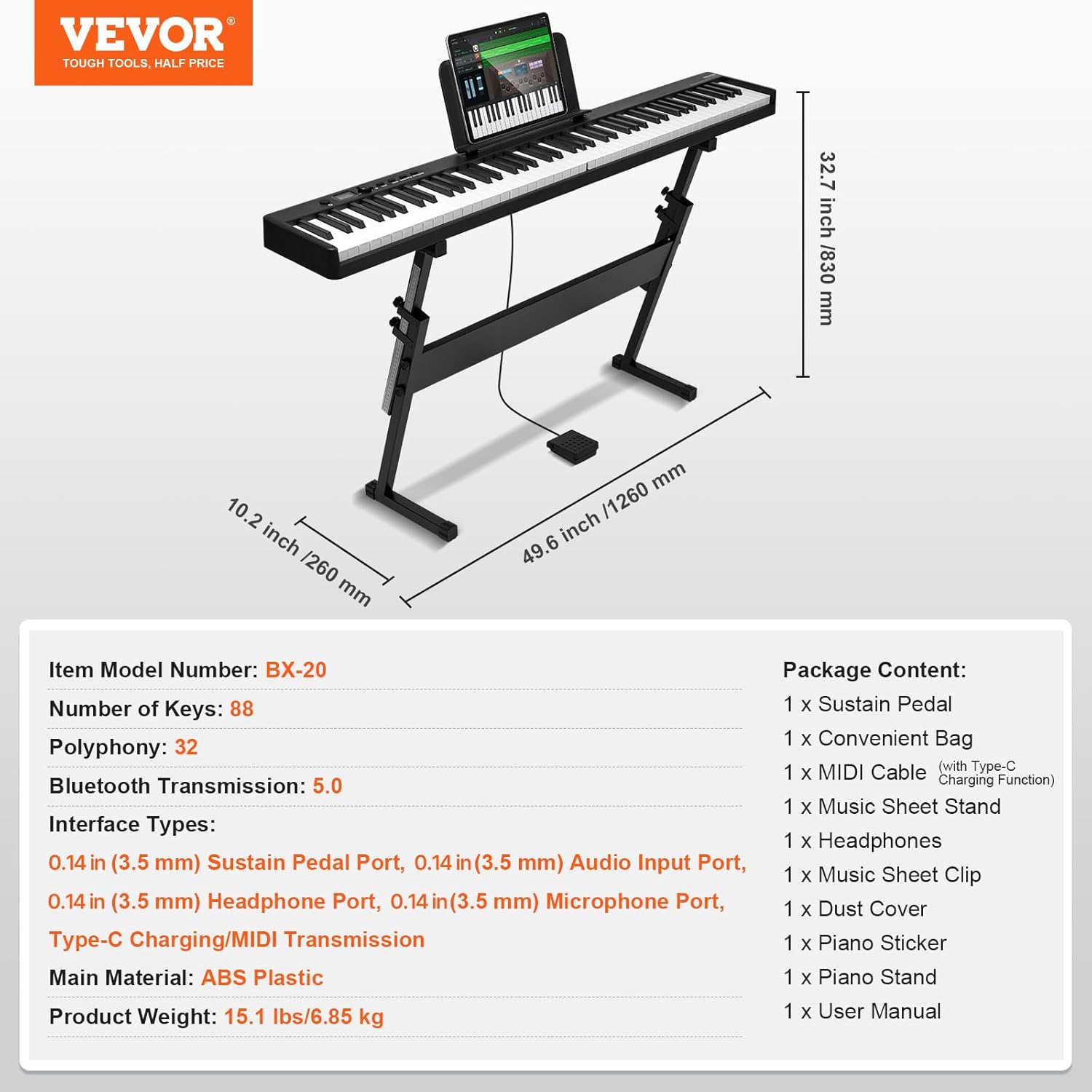 VEVOR 88 Folding Keyboard Bluetooth & MIDI, Portable Electronic Digital Foldable Piano with Stand Sustain Pedal Bag Touch Sensitive Keys, Rechargeable for Beginners Teens Adults, Black