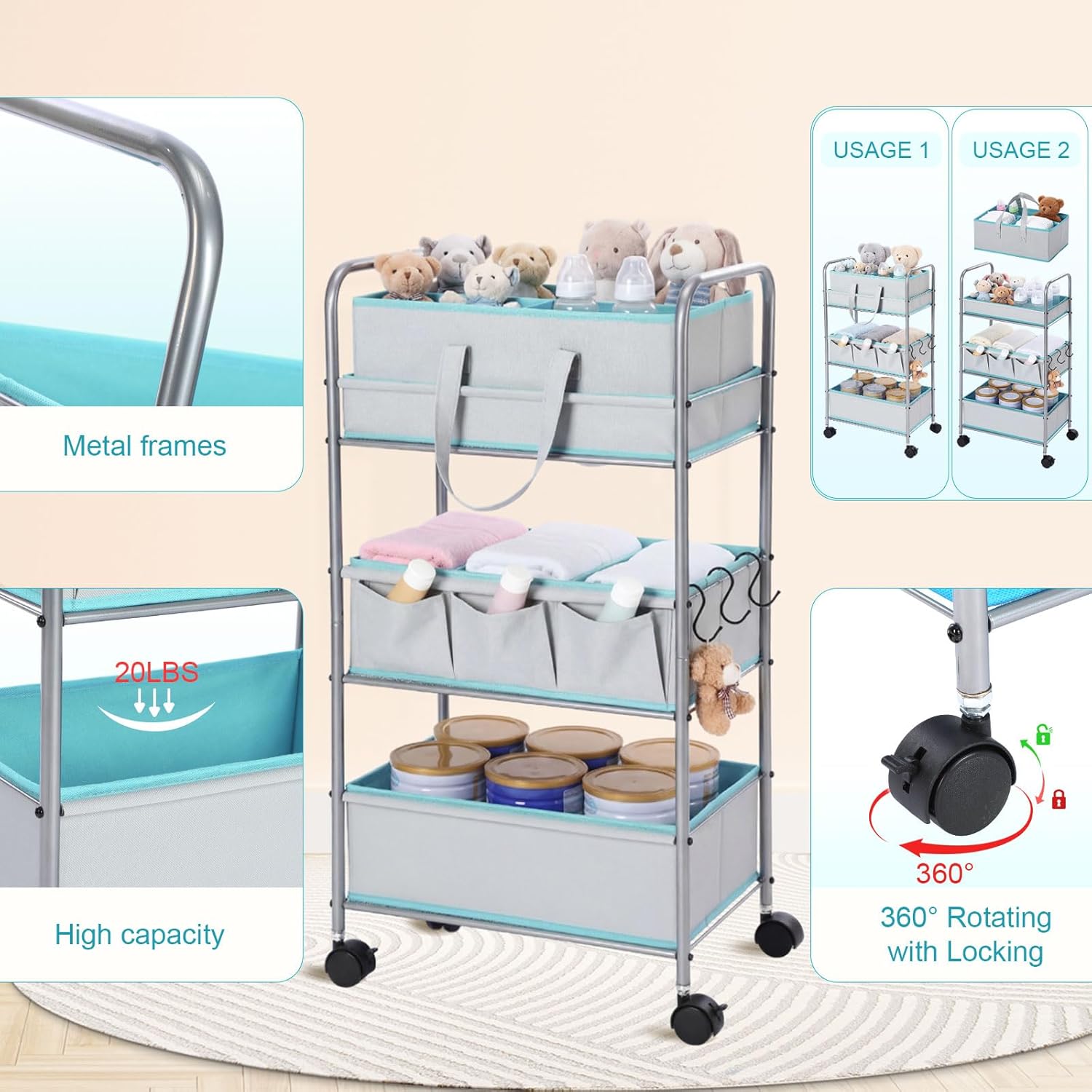 FoldTier 2in1 Colorful Baby Diaper Caddy Organizer Cart 3 Tier Large Capacity Metal Utility Bedside Rolling Cart with Divider for Newborn Nursery Essential Must Have Crib Bedroom Baby Shower (Blue)
