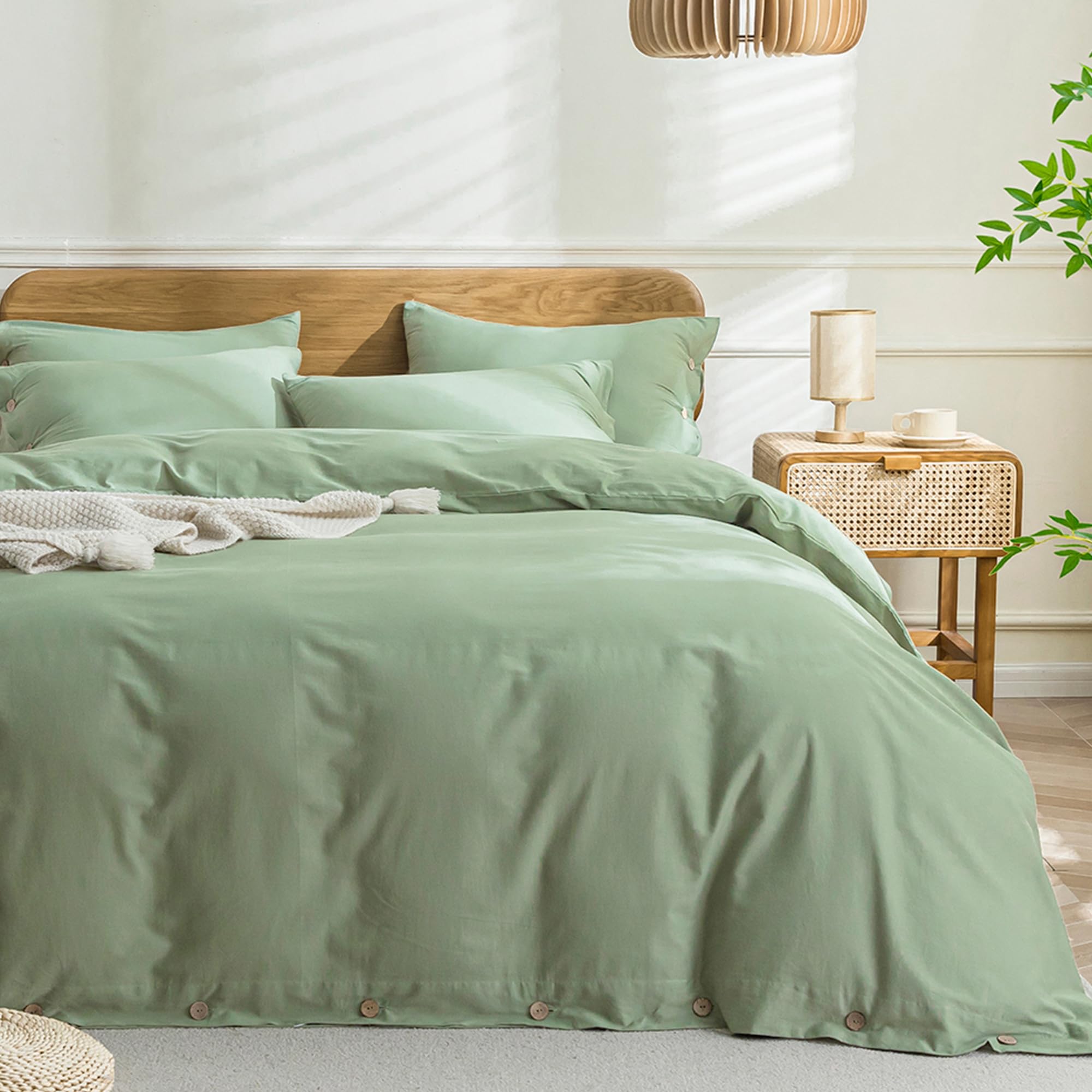 JELLYMONI Cotton Duvet Cover Full Size - Light Green Comforter Cover with Button 100% Washed Cotton 3PCS Breathable Soft Solid Bedding Set Duvet Cover 80×90in &amp; 2 Pillowcases (NO Comforter)