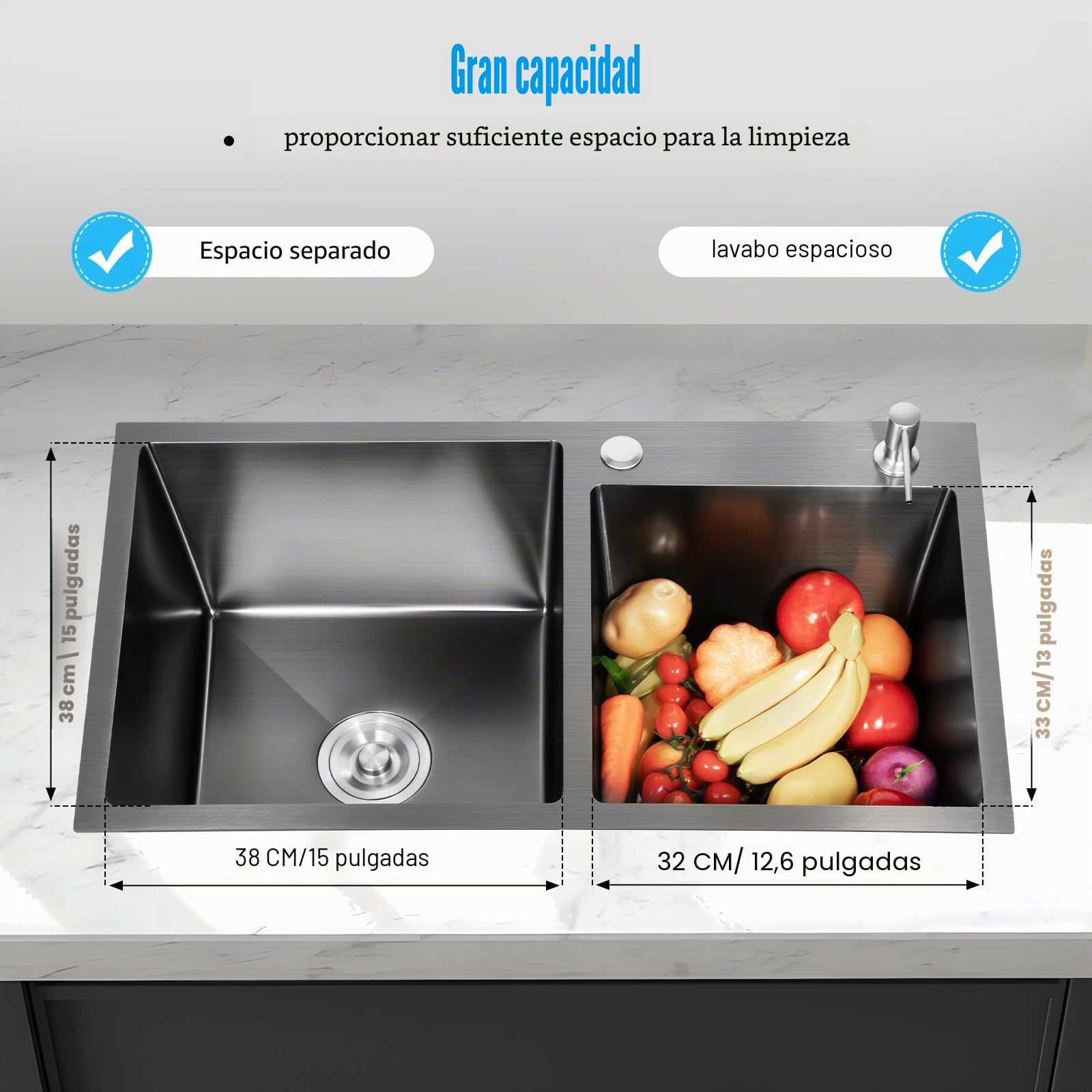 Fregadero doble de acero inoxidable de 78 x 43 cm, de acero inoxidable, doble, empotrable, rectangular, con escurridor y dispensador de jabón, adecuado para cocinas (negro)