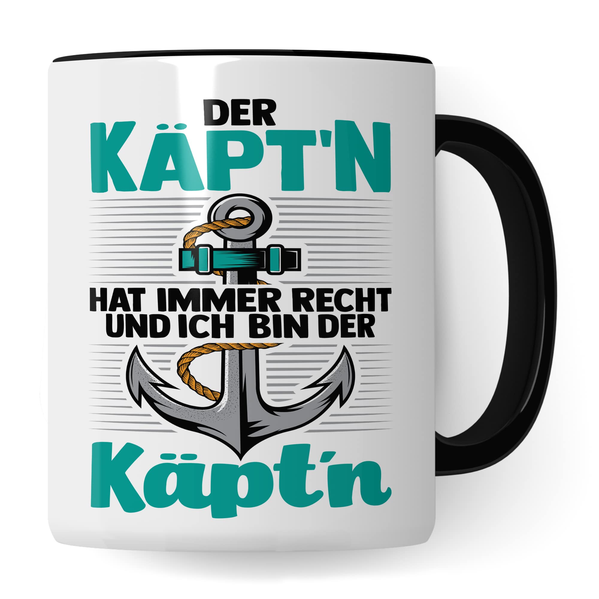 MUGS TRADER Captain Mug, Der Käpt´n hat Immer Recht und ich bin der Käpt´n Gift Coffee Mug Gift Idea Boat Lovers Coffee Mug Boat Owner Mug with Saying Funny Motif (White/Black)