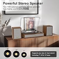 Vista 4 de Tocadiscos de vinilo con altavoces externos para estantería, 33-1/3, 45, 78 RPM, tocadiscos estéreo Bluetooth vintage para discos de vinilo, sistema