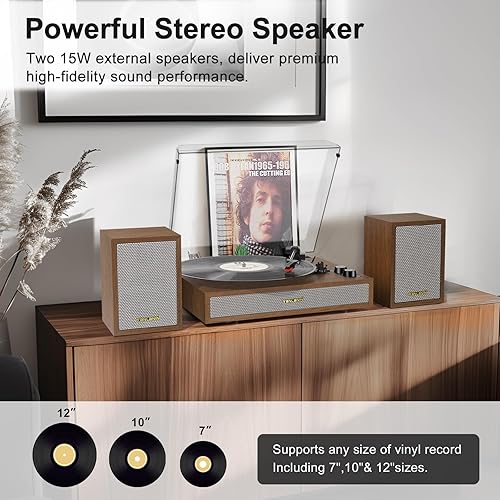 Miniatura 4 de Tocadiscos de vinilo con altavoces externos para estantería, 33-13, 45, 78 RPM, tocadiscos estéreo Bluetooth vintage para discos de vinilo, sistema