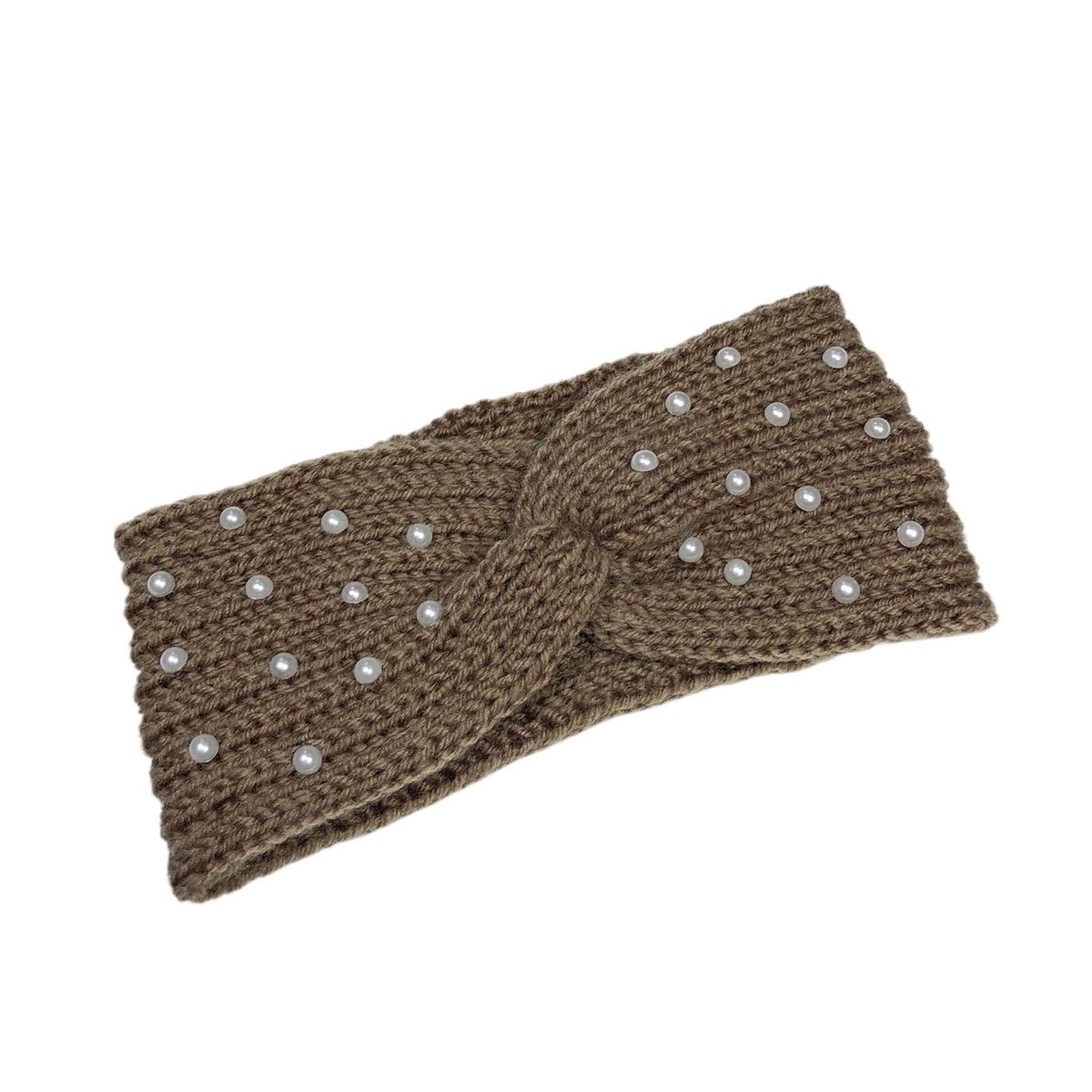 Stirnband 3PCS Perle Gestrickte Kreuz Stirnbänder for Frauen Mädchen Handgemachte Haar Zubehör Herbst Winter Headwear Ohr Wärmer Elastische Haarband Winter Stirnband(Dark Khaki)