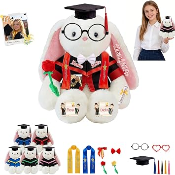 Personalized Graduation Stuffed Animal 2026 with Custom Photo and Name, Graduation Bunny Plush Gift for Preschool to College Graduates