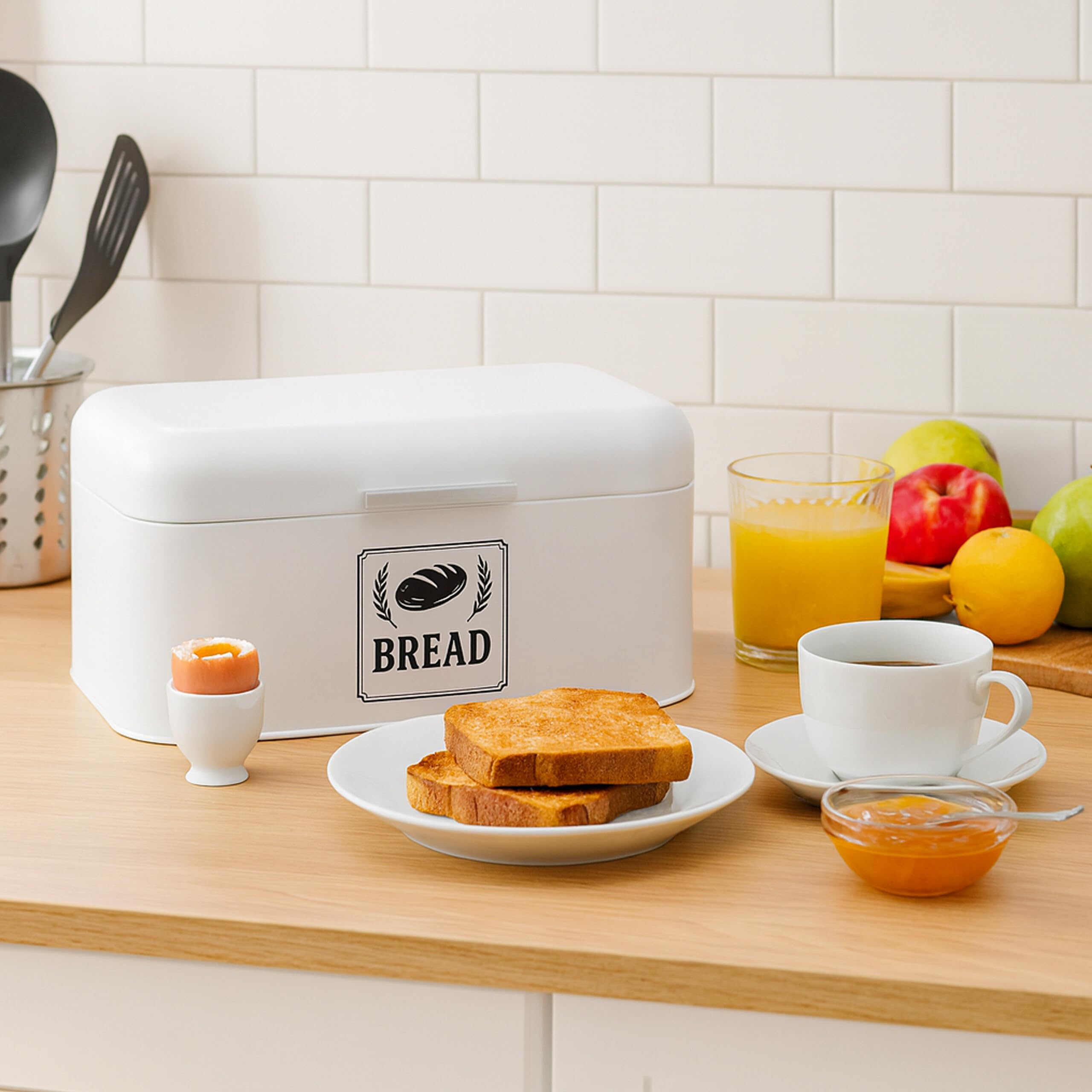 Relaxdays Panera, Caja para Pan con Tapa y asa, HBT: 17 x 42 x 24 cm, para Guardar Pan, panera Retro, Metal, Blanca