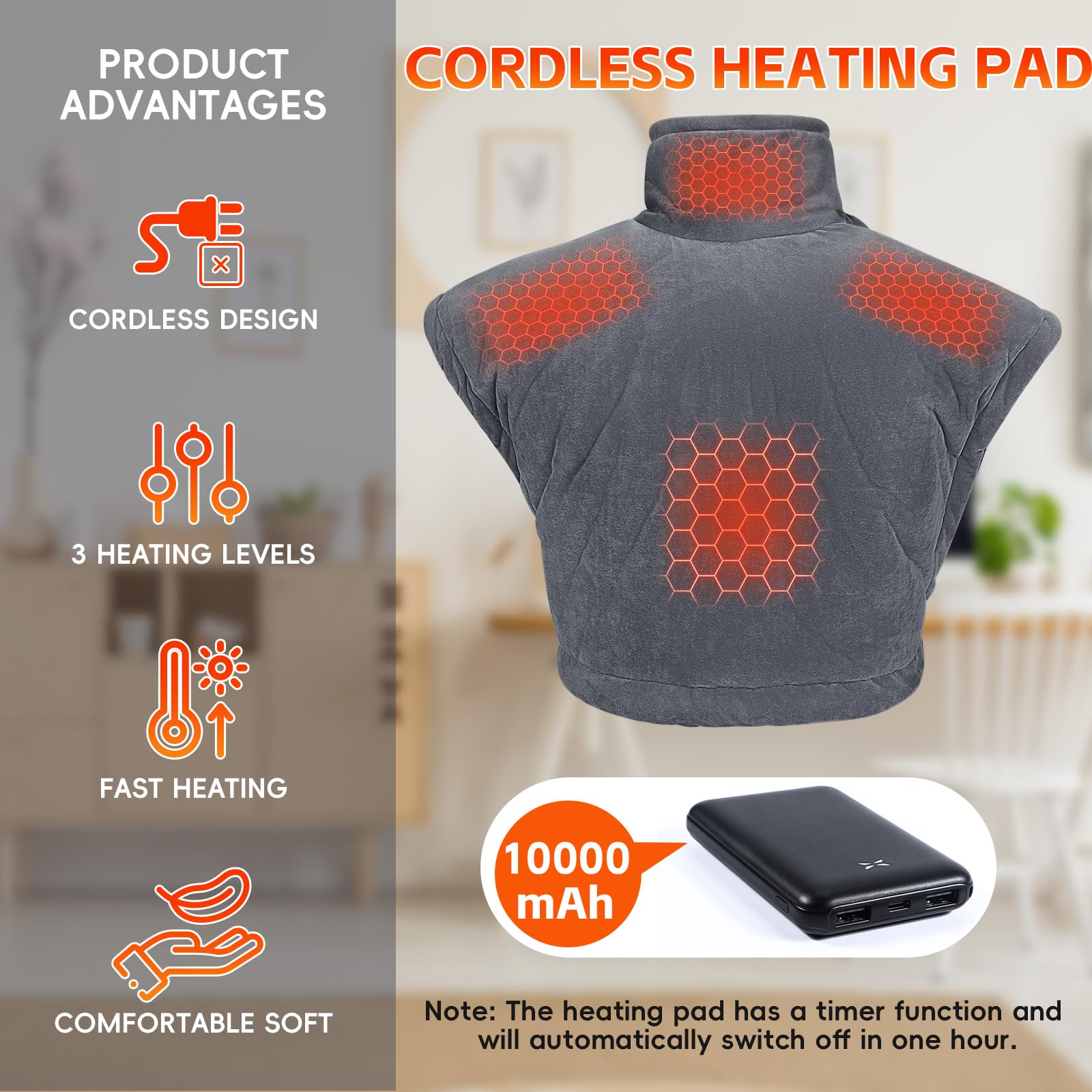 Graphène Coussin Chauffant pour Cou et Dos avec Batterie 10000mAh, Coussin Chauffant Électrique Avec 3 Niveaux Réglage Température, Fonction D'arrêt Automatique