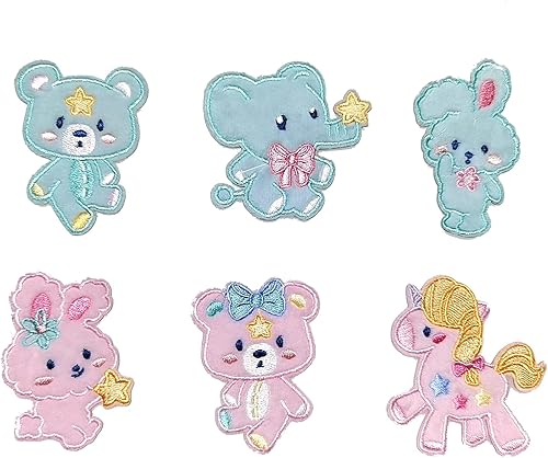 Apliques de animales lindos para planchar con 6 piezas de unicornio oso conejo elefante azul rosa parches bordados accesorios de bricolaje para ropa