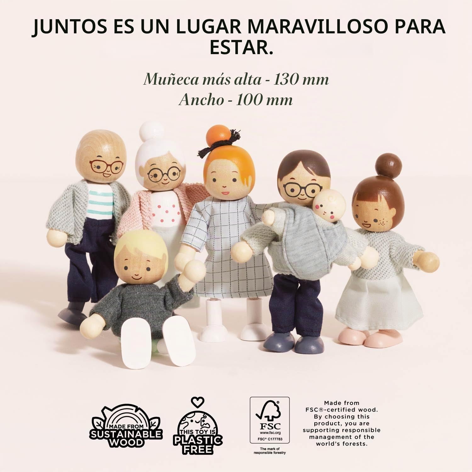 Le Toy Van - P053 - Familia para casa de muñecas en Madera certificada FSC, 3 años, Set 7 muñecas, Montessori, Accesorios, Personajes en Miniatura para casa de muñecas