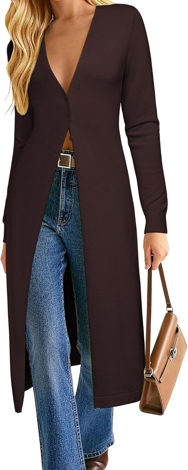 GRACE KARIN Womens Long Cardigan Trendy, Lightweight Knit Dusters Coat, V Neck Button Up Sweater Maxi Dress