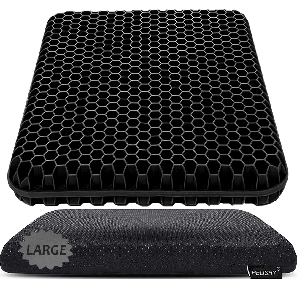 Gel Seat Cushion, Large Gel Cushion Breathable Honeycomb Chair Pads Gel Cushion with Non-Slip Cover for Home Office Chair Car Seat Wheelchair Absorbs Body Pressure Points, As Seen on TV (Black)
