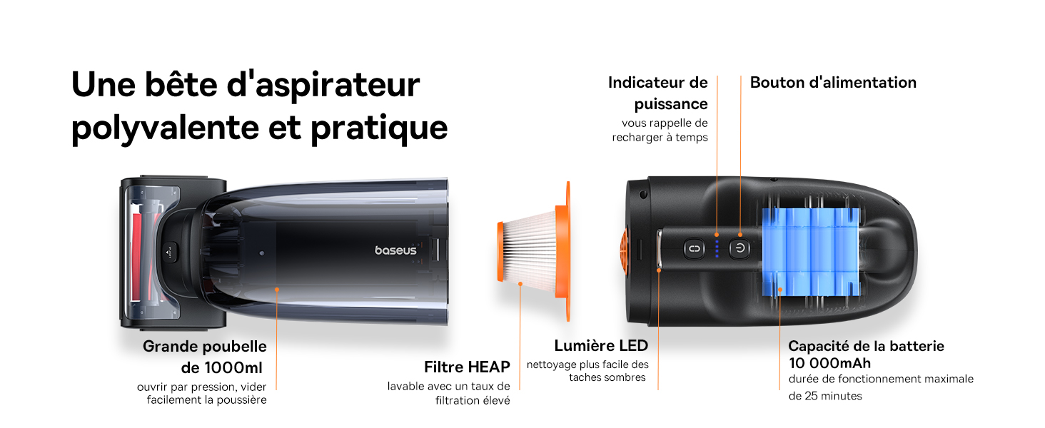 Baseus AP02 Aspirateur à main sans câble 160 W avec brosse roulante, lumière LED, batterie rechargeable 10 000 mAh pour poils d'animaux de compagnie, canapé, maison, bureau Baseus AP02 Aspirateur à main sans câble 160 W avec brosse roulante, lumière LED, batterie rechargeable 10 000 mAh pour poils d'animaux de compagnie, canapé, maison, bureau