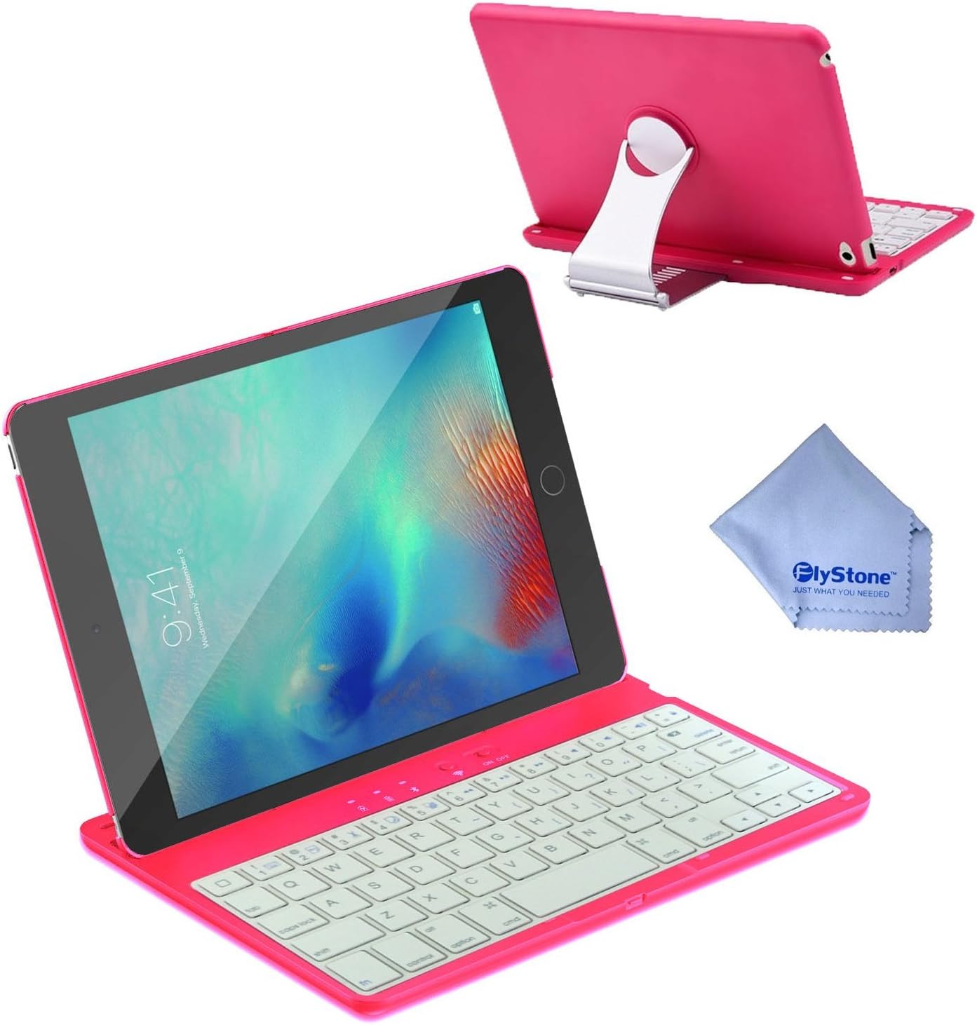 FlyStone iPad Mini 4 Keyboard Case, Folio Style Cover with 360 Degree Rotating Viewing Stand Feature for iPad Mini 4. Comes with FlyStone Mircofiber Cloth. (Pink)