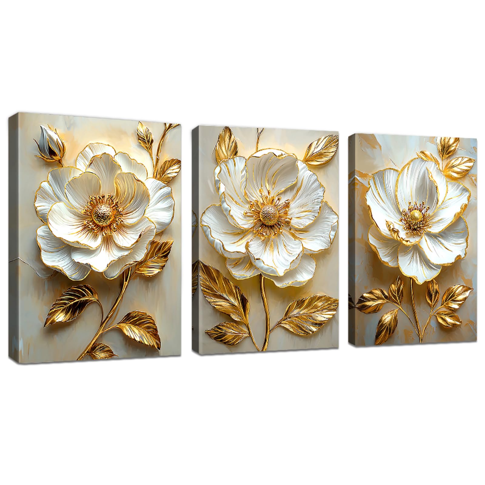 3Pcs Marco de Madera Cuadros Decoracion Salon Modernos 3D Flores de Peonía Blanca Lienzos decorativos Lujo Hojas de Oro Beige Floral Cuadros Decorativos Dormitorios Comedor 30x40cmx3(90x40cm)