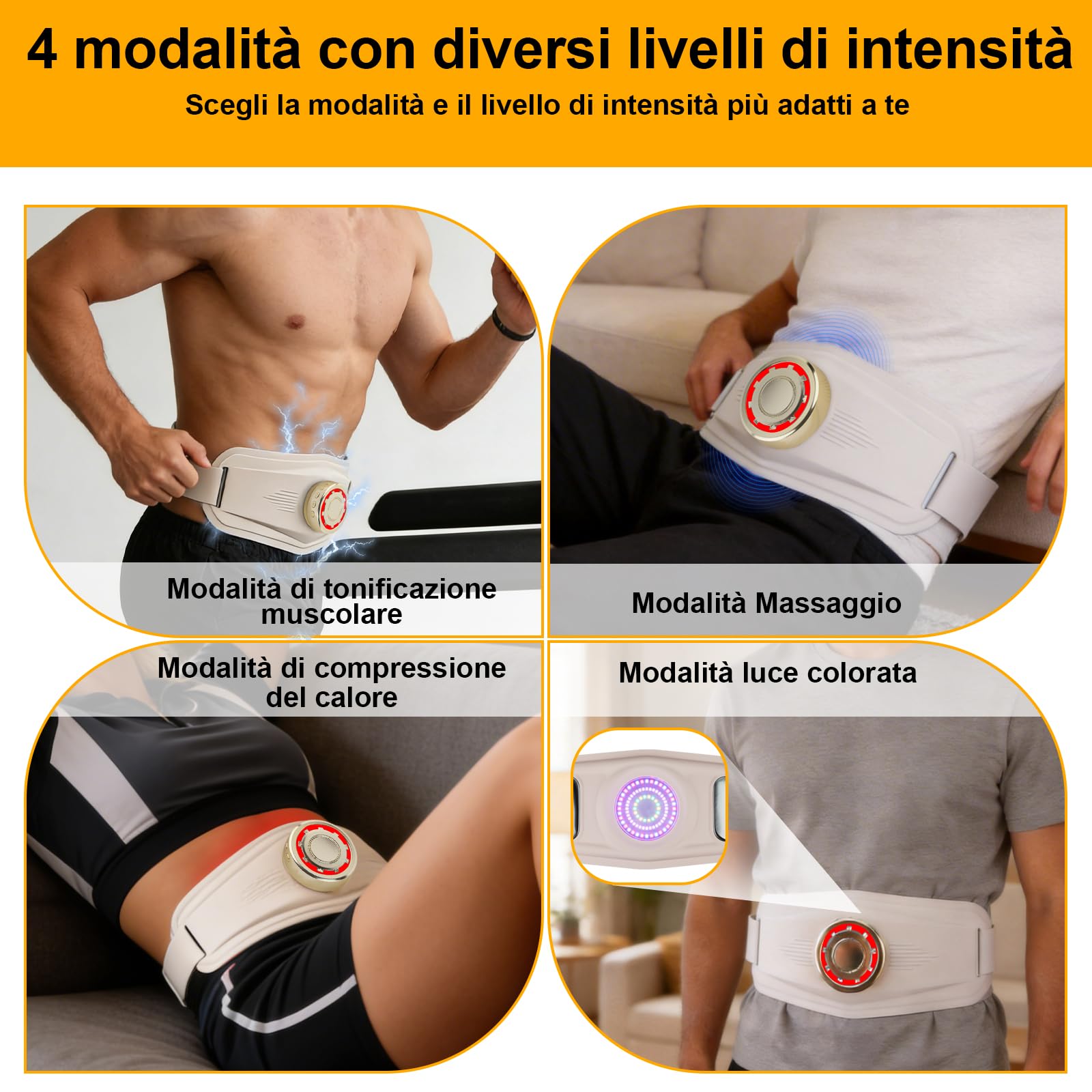 Ms.W Cintura massaggiante EMS, stimolatore per Addominali e tonificatore Muscolare con 4 modalità, Diversi Livelli di intensità, impacco Termico e luci Colorate, per Uomini e Donne