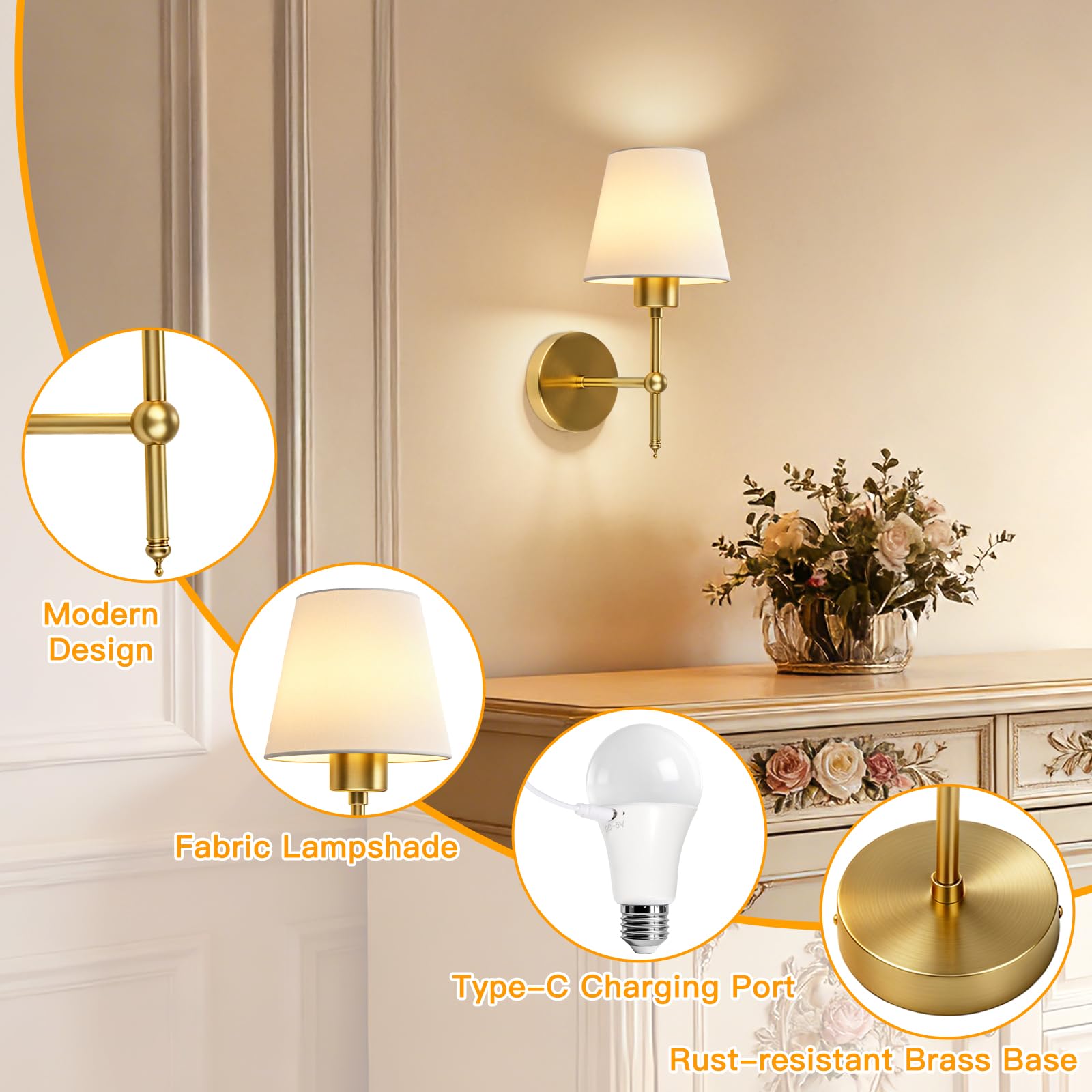 Applique da Parete Ricaricabili LED con Batteria, Oro Lampade da Parete per Camera da Letto, Applique da Parete Interno con a Distanza, 3 Colori Luminosità con 12 Colori RGB per Soggiorno Scale