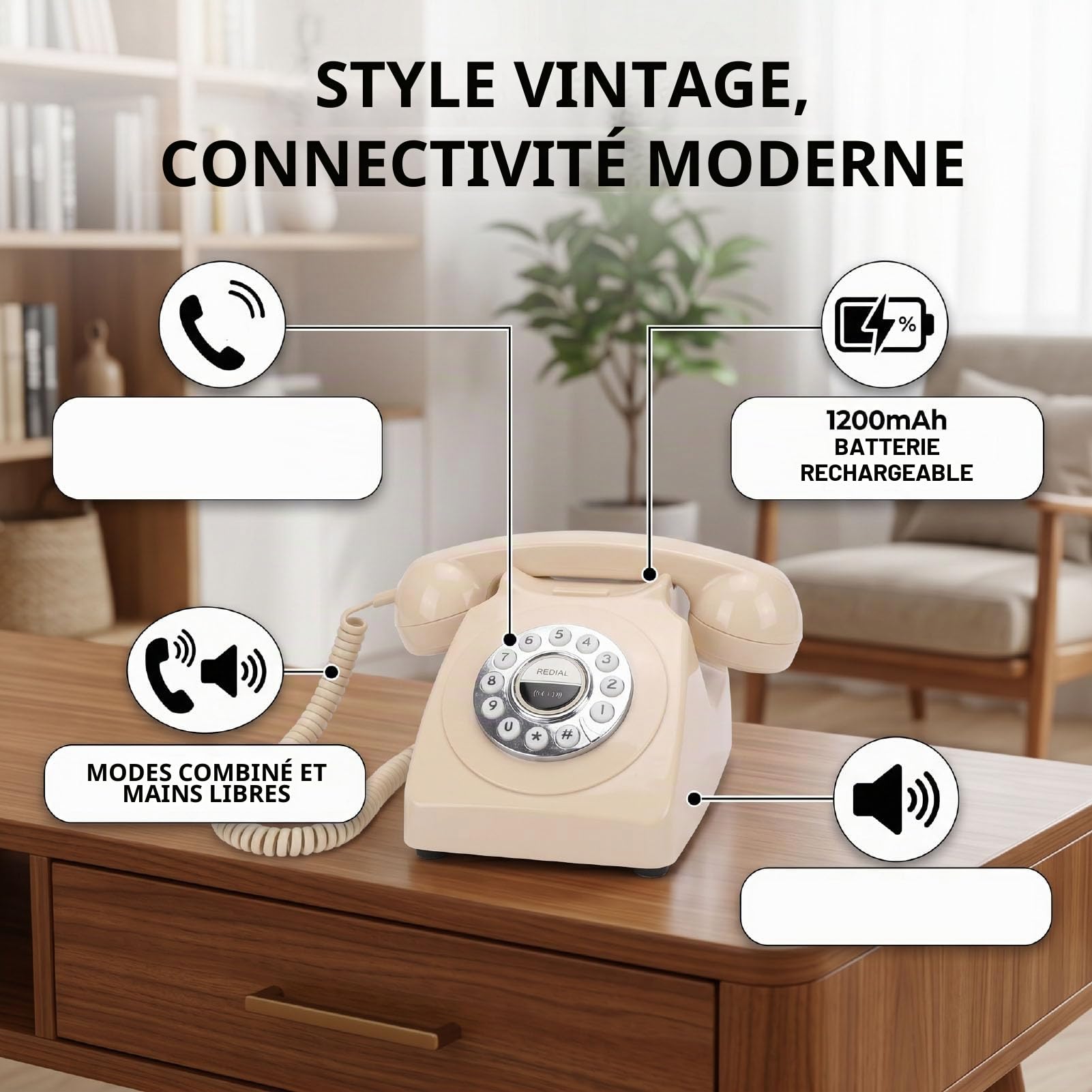 Sxhlseller Téléphone Rétro Bluetooth avec combiné sans Fil, Haut-Parleur de Style Téléphone Fixe Vintage pour Chevet D'hôtel, Récepteur D'appels Mains Libres pour Portable et