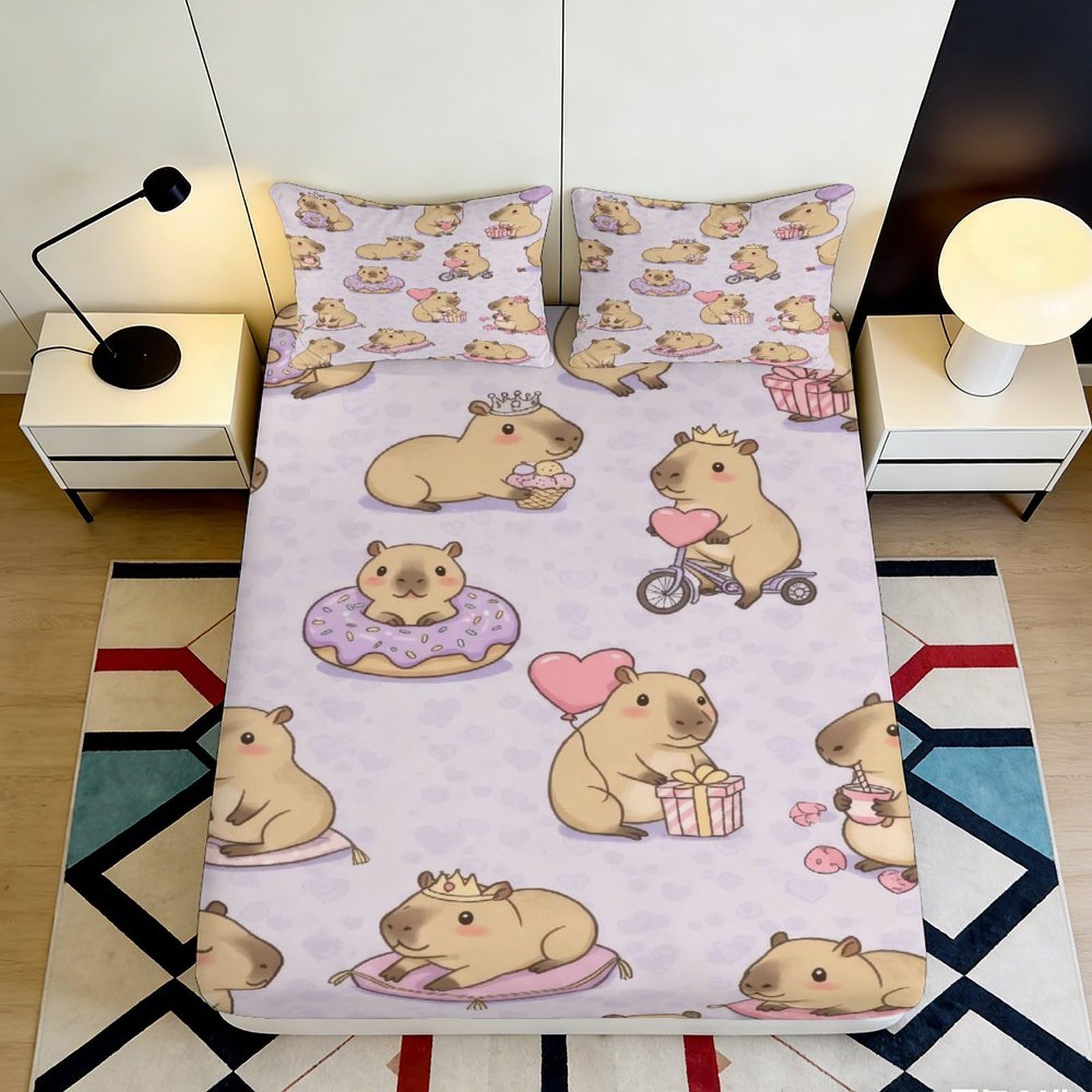 3D Printed Cute Capybara Fitted Sheet Microfiber Pastel Donut Bed Cover for Bedroom Dorm Mattress Protection Decor 90x200x25cm