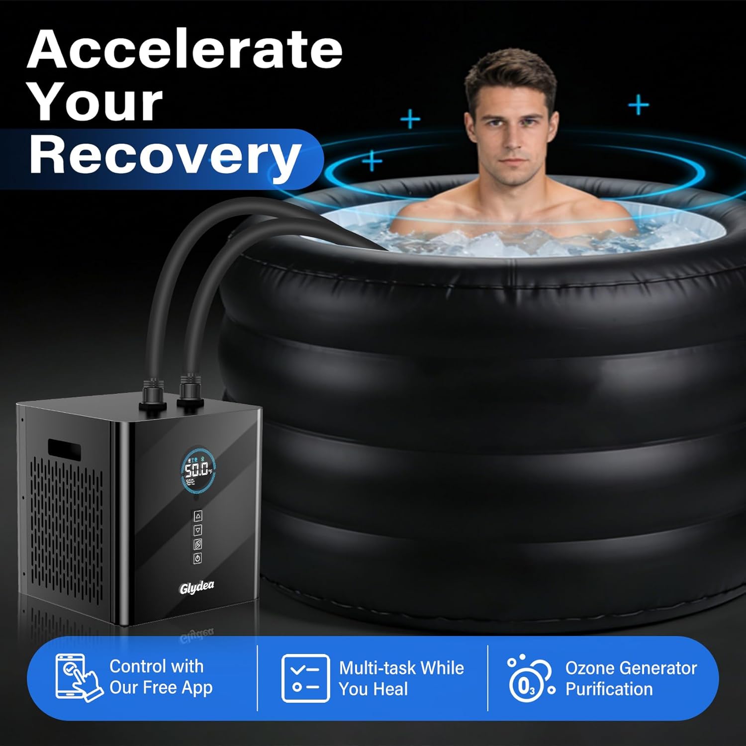 Ice Bath Chiller for Cold Plunge Tubs, 1/3HP 330W Glydea Cold Plunge Water Chiller with Built-in Ozone Function, 24/7 Water Flow, Dual Filtration, Upgraded Hose and Pump, Large LED Color Display