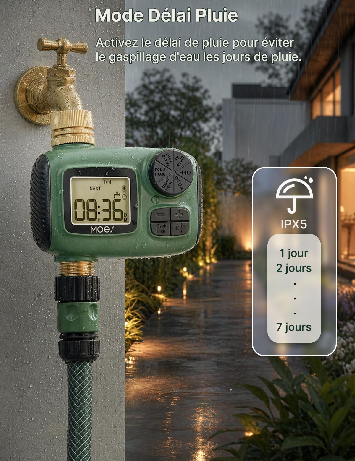 MOES Programmateur d'Arrosage Automatique 1 Voie, Minuteur d'eau avec Entrée et Sortie en Laiton, Contrôleur d'Arrosage Programmable avec Retardateur de Pluie et Mode Manuel, Nez de Robinet