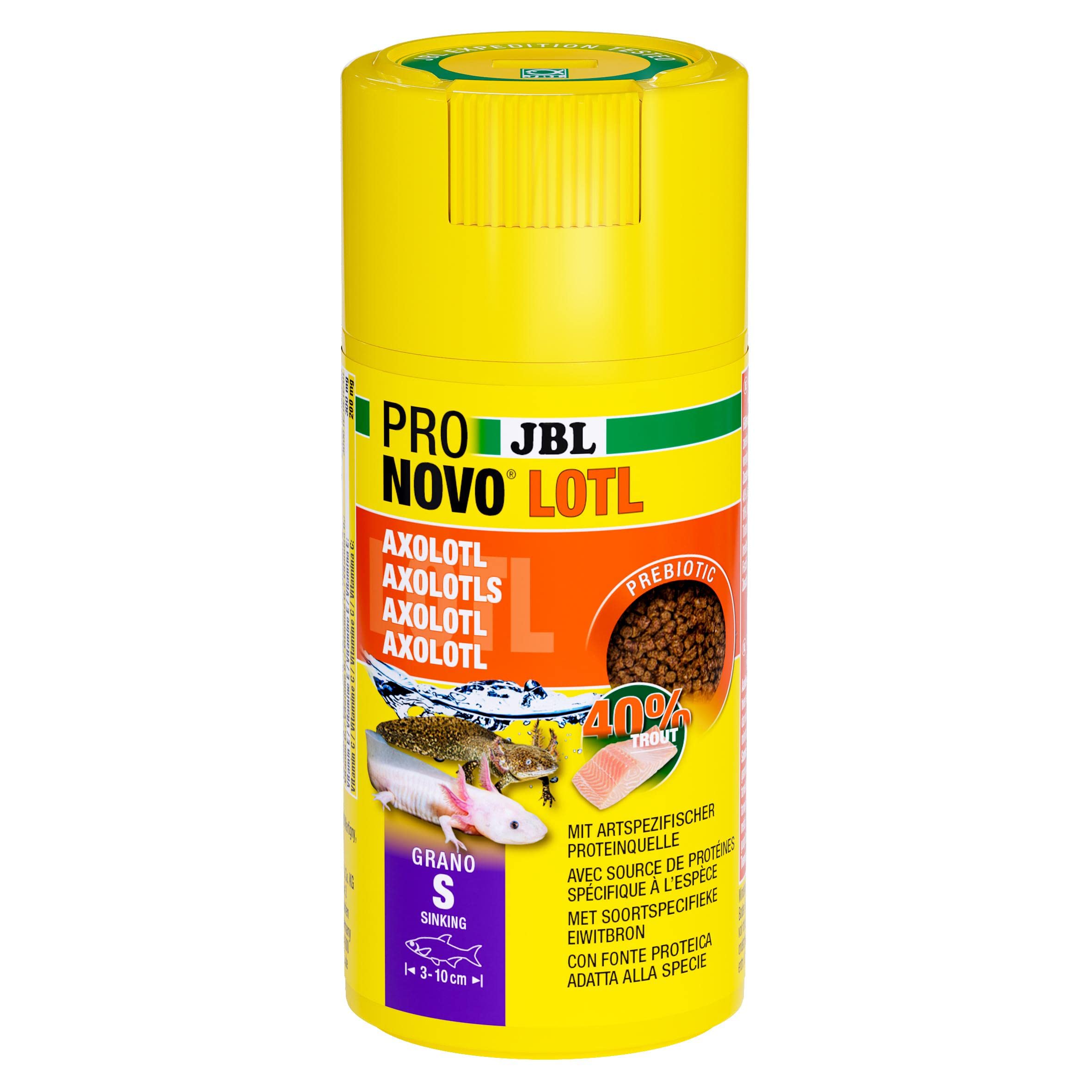 JBL PRONOVO LOTL Grano, Alimento Principal para Axolotl de 3 – 10 cm, dosificador Clic, gránulos para piensos para Peces, Talla S, 100 ml