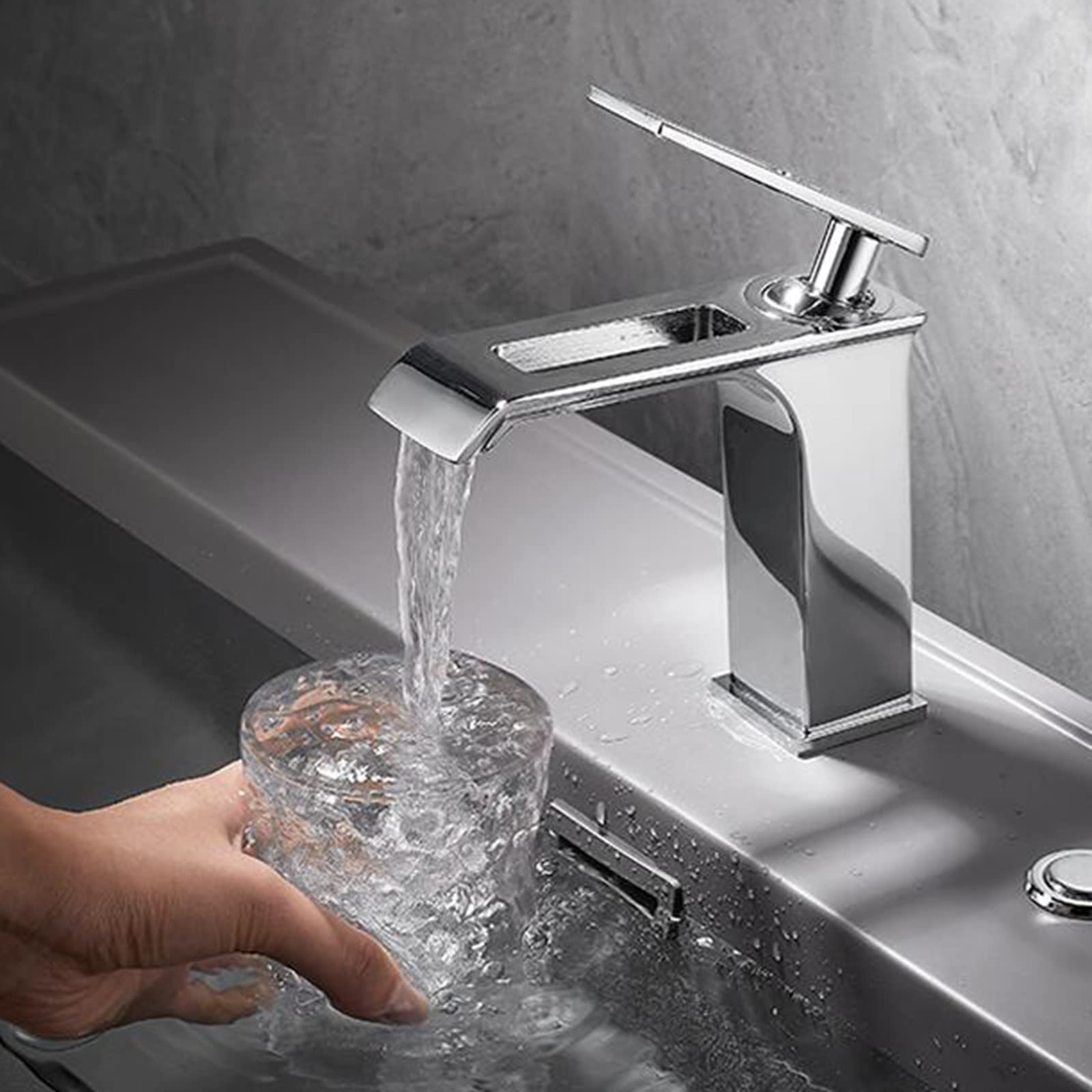 VDOQTLJT Bathroom Sink Faucets Waterfall Basin Brass Single Hole Cold and Hot Water Tap-Grey(Blanc)