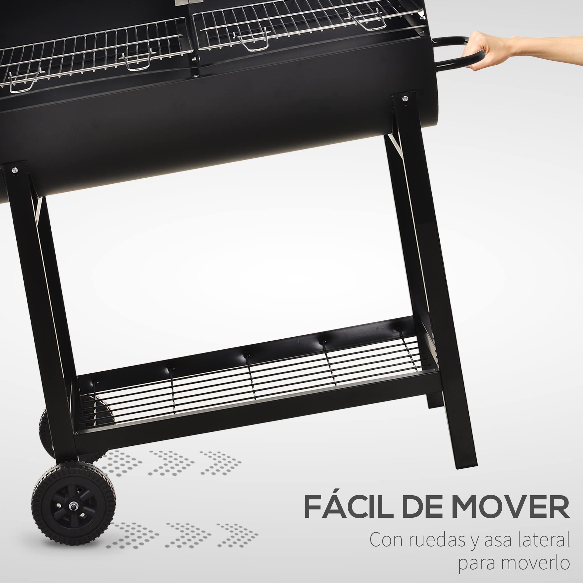Outsunny Barbacoa de Carbón con Parrilla Ajustable en Altura para Exterior Barbacoa Portátil con Estante de Almacenaje y Ruedas 90x45x96 cm Negro