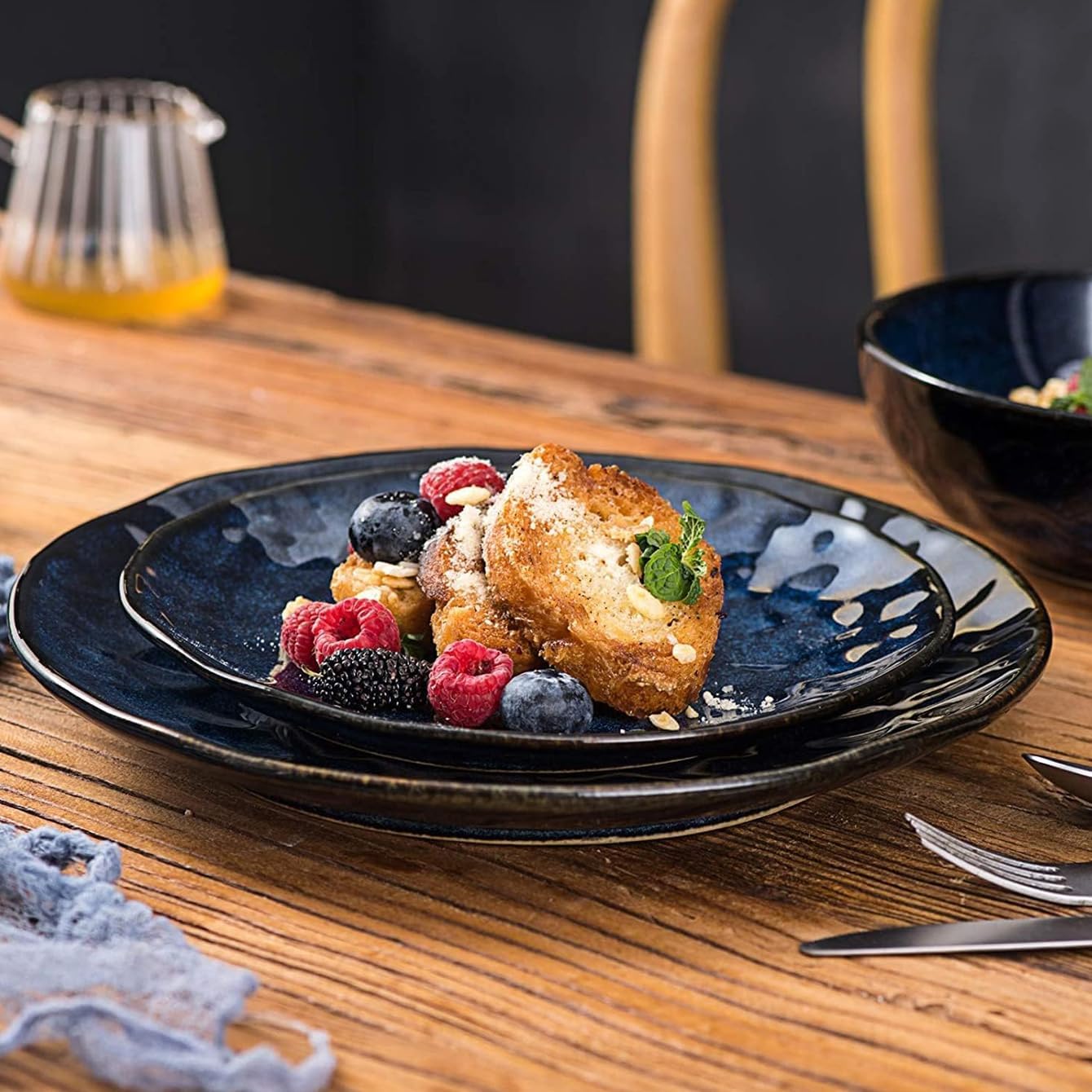 vicrays Ceramic Dessert Salad Plates, 8 Inch, Set of 4, Round, Microwave, Oven, and Dishwasher Safe, Scratch Resistant, Porcelain Fluted Suitable for Snacks, Appetizer, Home, Restaurant (Blue)