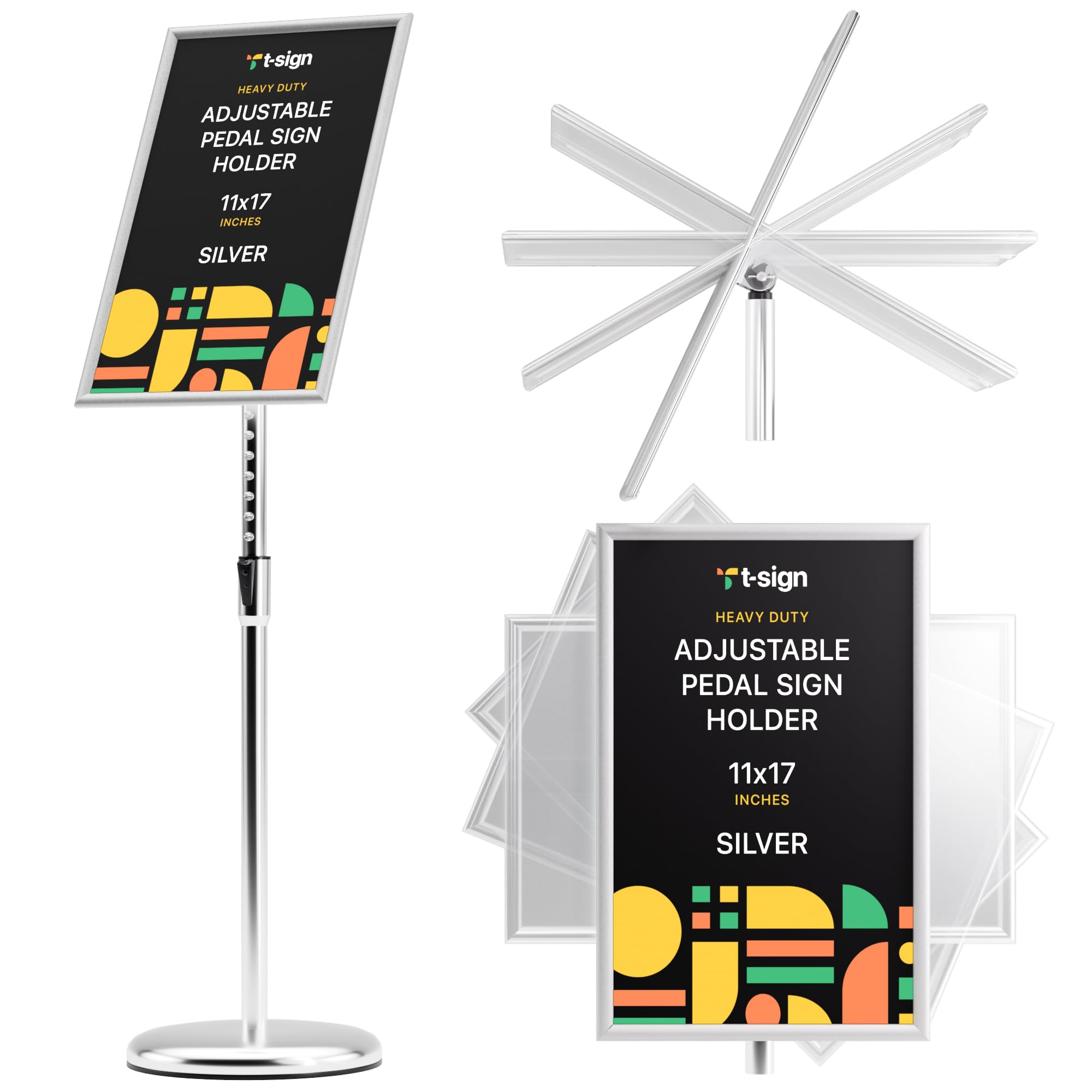 T-SIGN Adjustable Pedestal Sign Holder Poster Stand - 11 x 17 Inch Vertical & Horizontal Sign Stand Displayed Poster Holder - Round Base Sign Stands