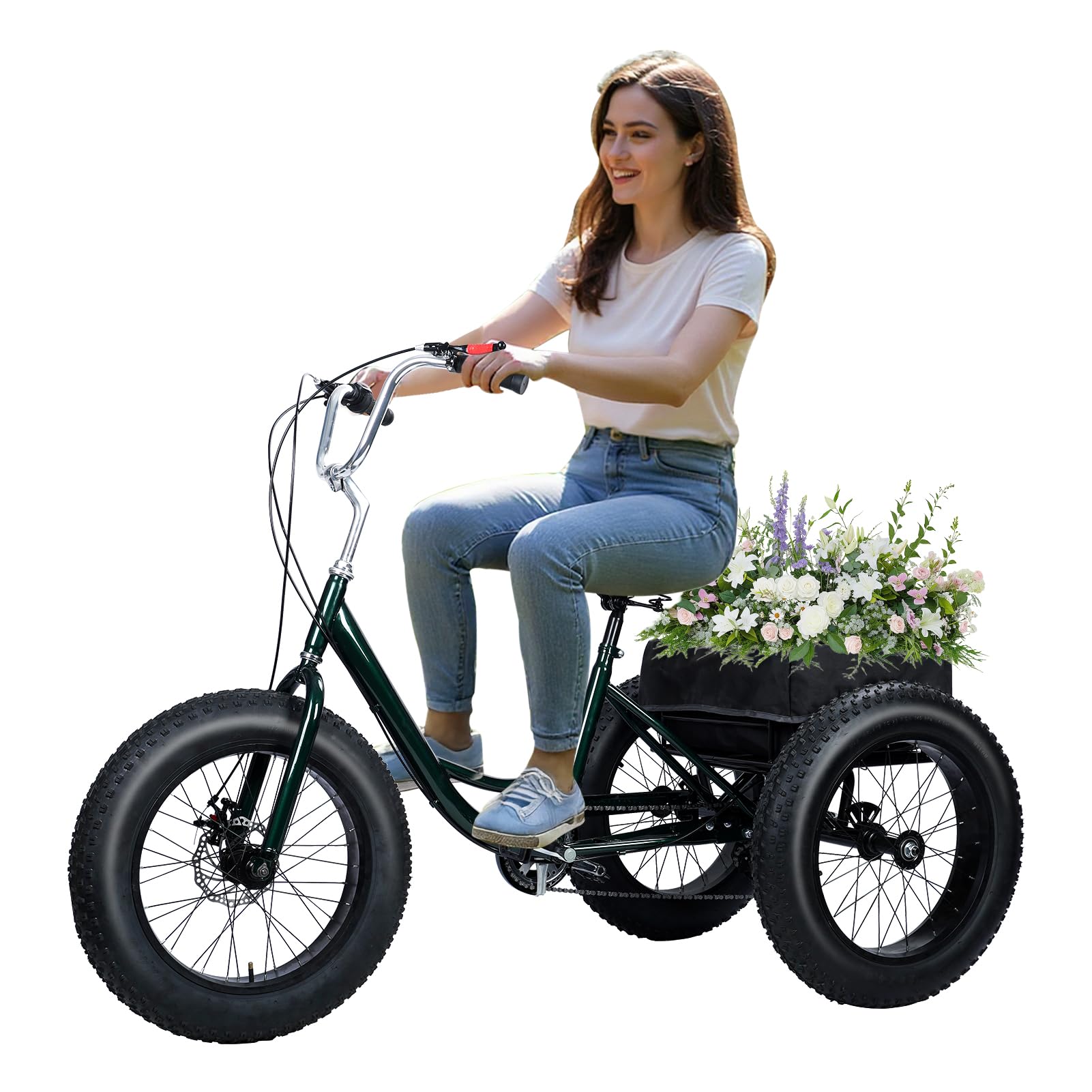 Masiunoz 20 Inch Fat Tire Adult Tricycle?Fat Tire Tricycle, 7 Speed Adults Tricycle with Dual Disc Brakes, Rear Cargo Basket, Adjustable Handlebars, Shock Absorbing Wider Seat, 450 Lb Weight Capacity