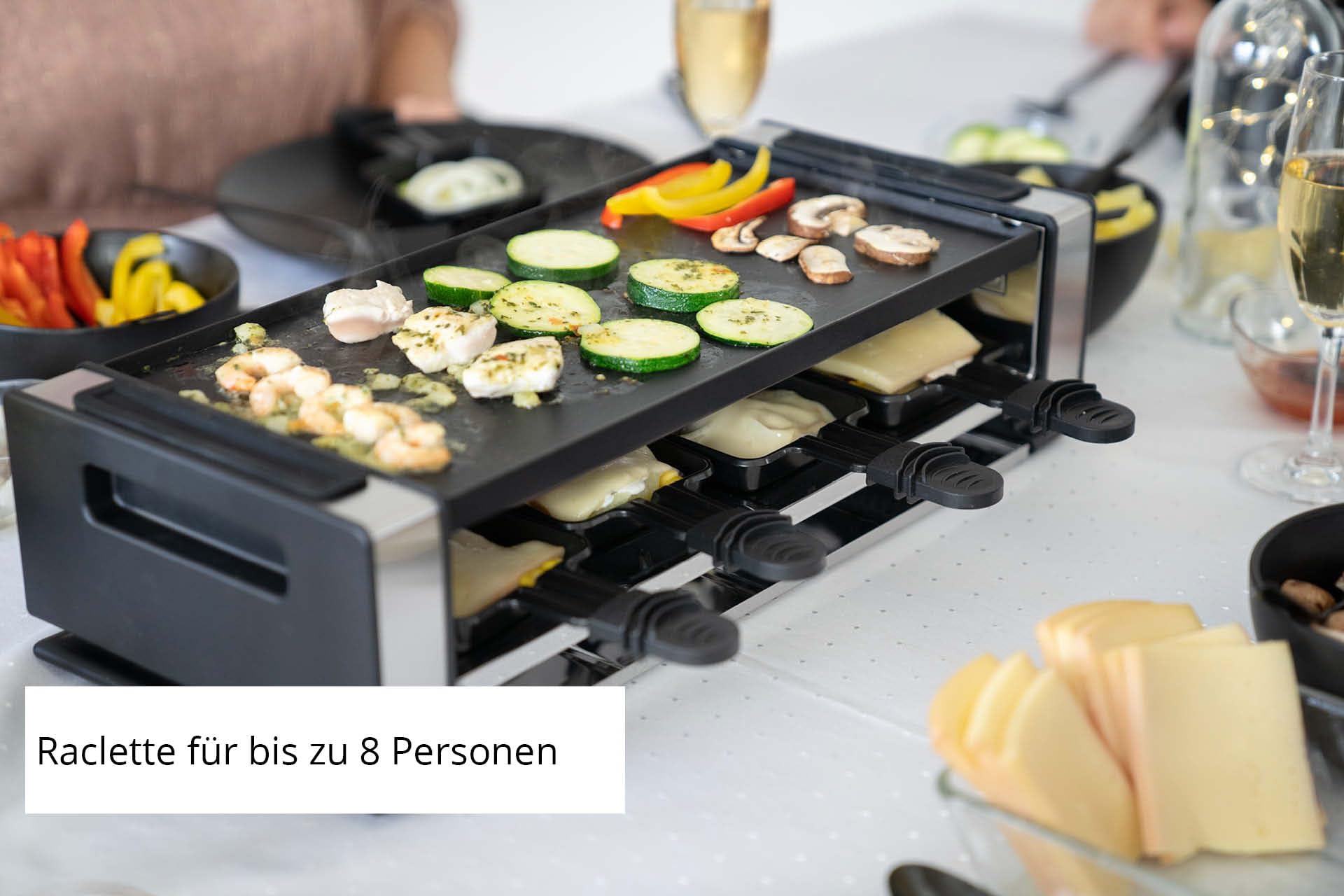 Unold 48730 Raclette Finesse Basic – grill raclette dla 8 osób, 1200 W, dwustronna płyta grillowa nieprzywierająca, elektryczny grill stołowy, stal nierdzewna/aluminium