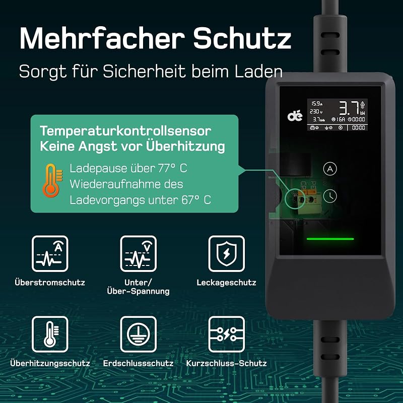 dé Type 2 Schuko 3.7 kW elektromos autó töltőkábel 5.5m LCD kijelzővel