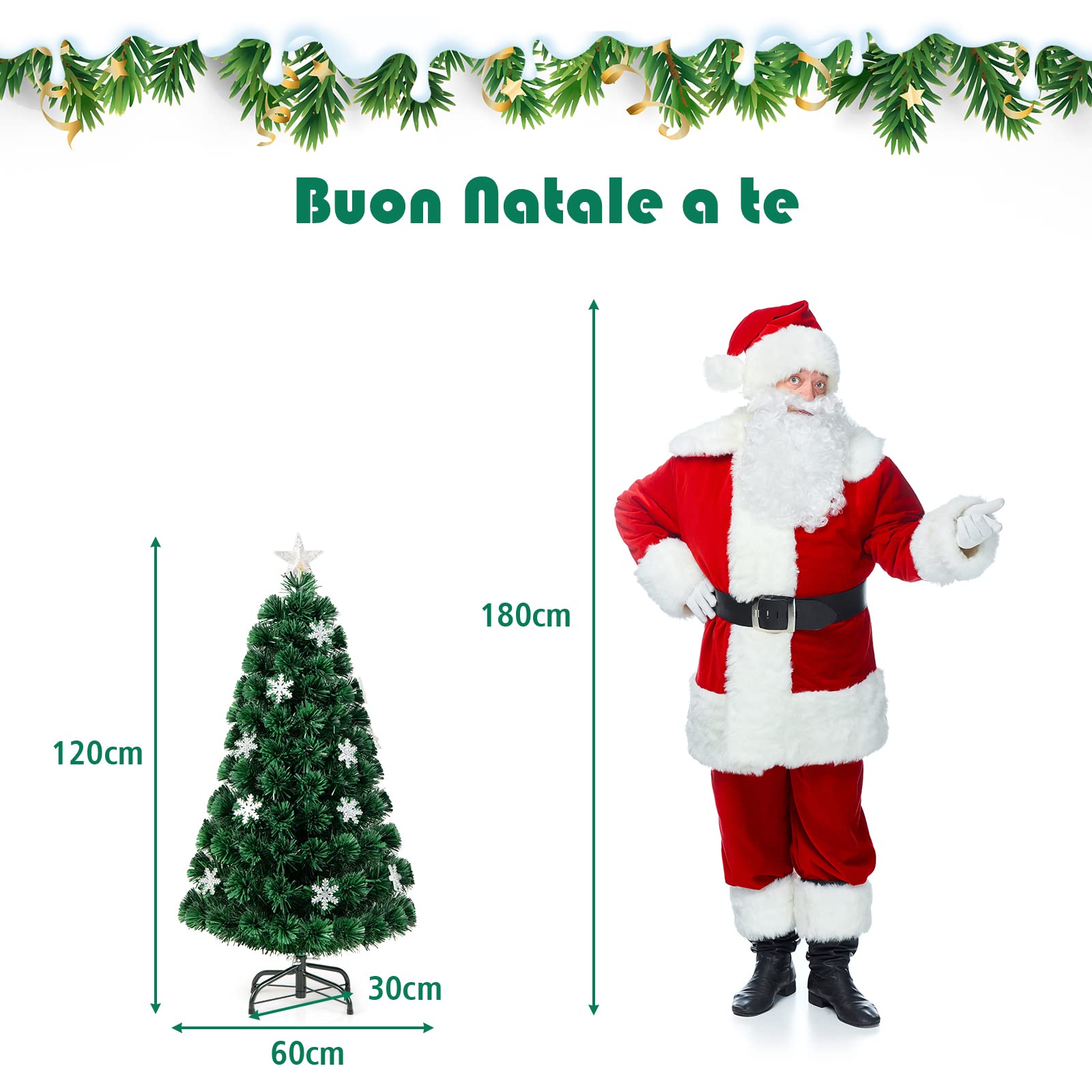 COSTWAY Albero di Natale 90/120/150/180 cm, Albero di Natale Artificiale con Luci LED, Rami Densi, Stelle Luminosi e Fibre Ottiche, Decorazione Natalizia per Casa, Ufficio e Negozio (120 cm)