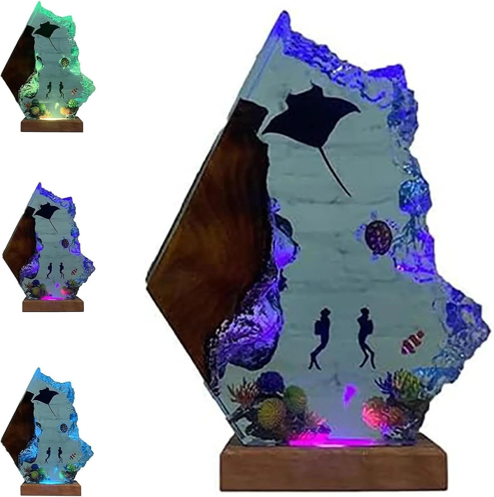 Ocean Epoxy Resin Lamp, Diver Night Light for Bedside Desk and Bedroom Decor, Handmade Marine Lamp with Manta Ray, Wooden Base, Relaxing Ocean-Themed ((Blue) Colored Base, 12 x 8 in)