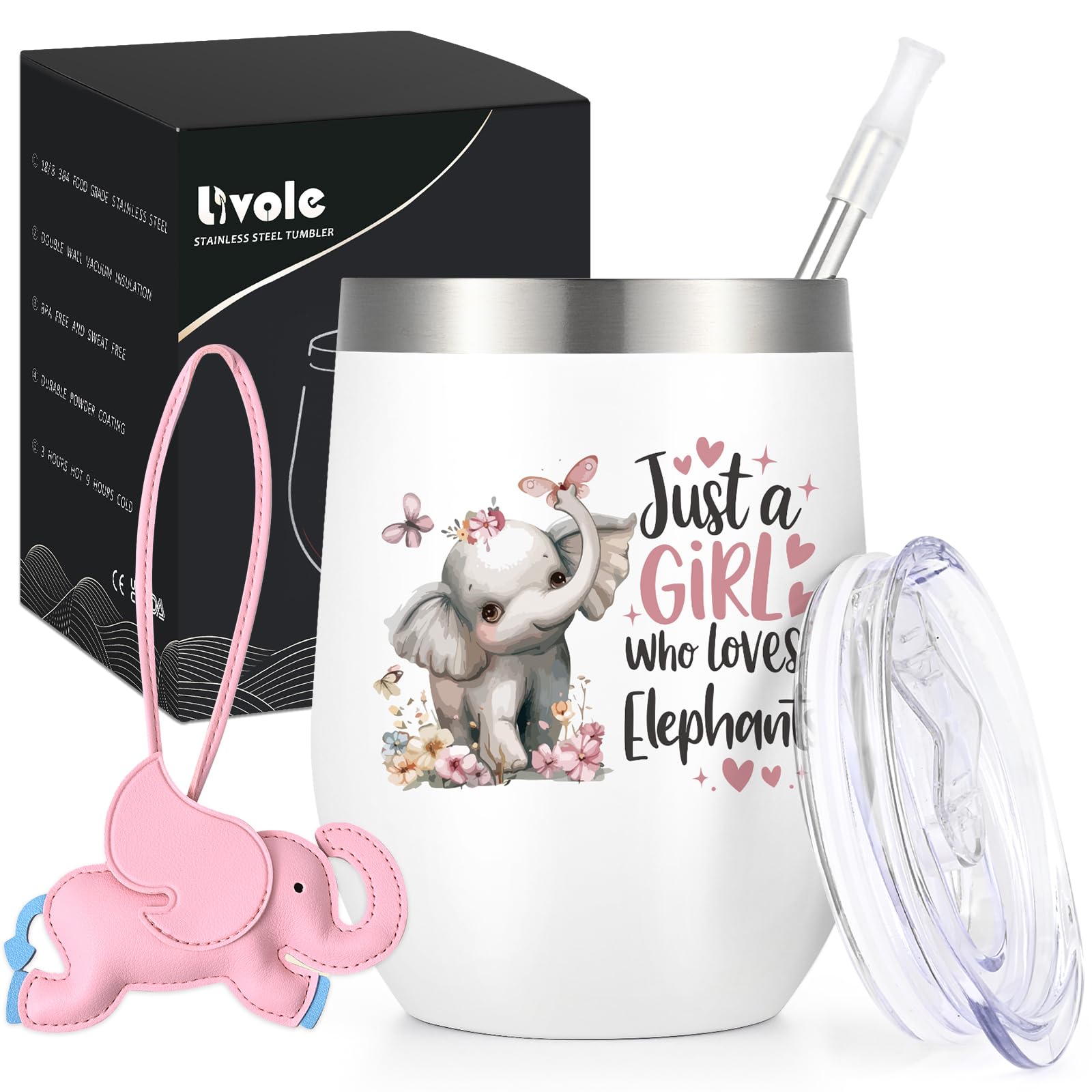 Livole Elephant Gifts for Women, Girls, Daughter, Animal Lover, Funny Elephant Mug Keyring, Girls Gifts for Christmas, Birthday, Just A Girl Who Loves Elephants, 350ml Drinking Cup, Vacuum Tumbler