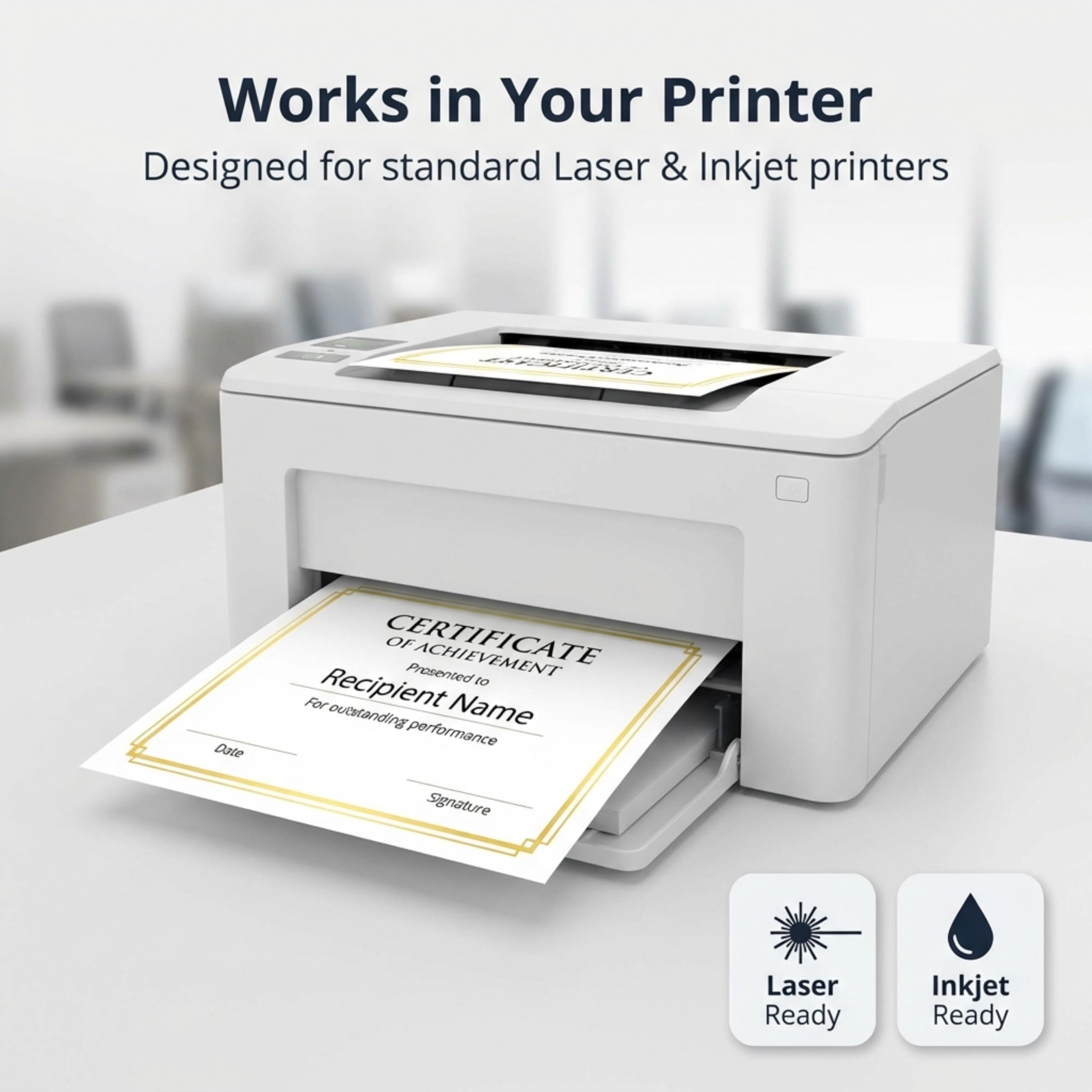 White Specialty Certificates, 50 unidades en blanco, borde de lámina dorada en hojas de papel de 38 libras, 8.5 x 11 pulgadas, compatible con láser y inyección de tinta